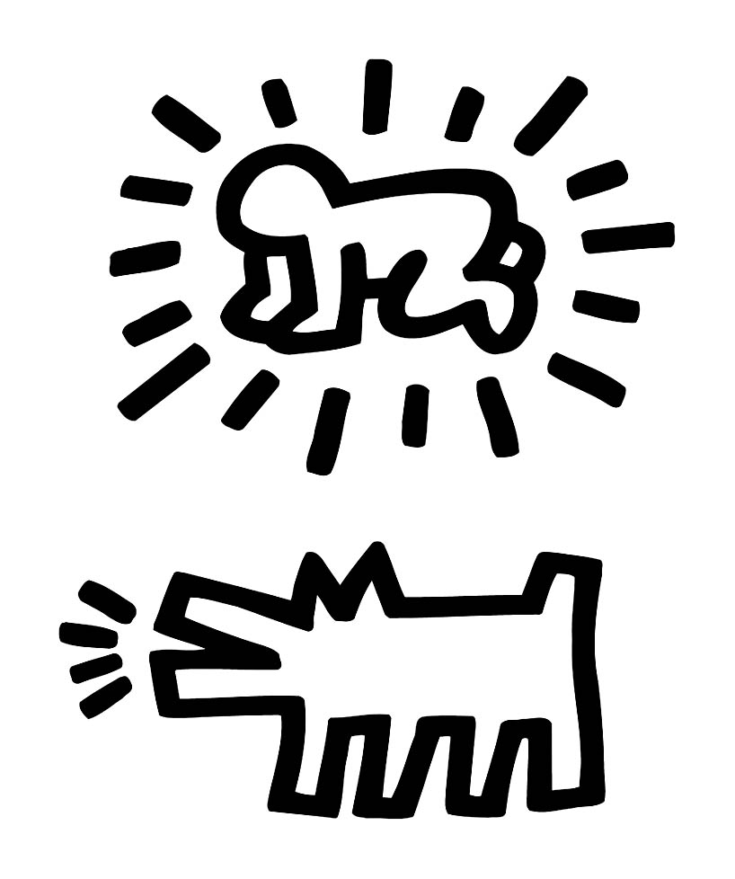 Mann auf vier Pfoten und Hund (Ausmalbild von Keith Haring zum Ausdrucken und Ausmalen für Kinder)