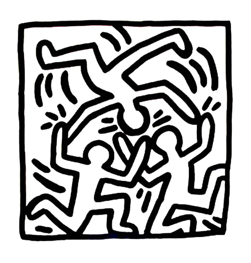 Akrobatische Figuren (Ausmalbild von Keith Haring zum Ausdrucken und Ausmalen für Kinder)