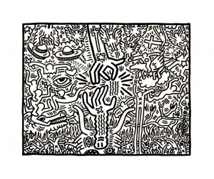 Komplexe Zeichnung von Keith Haring voller Details (Ausmalbild)