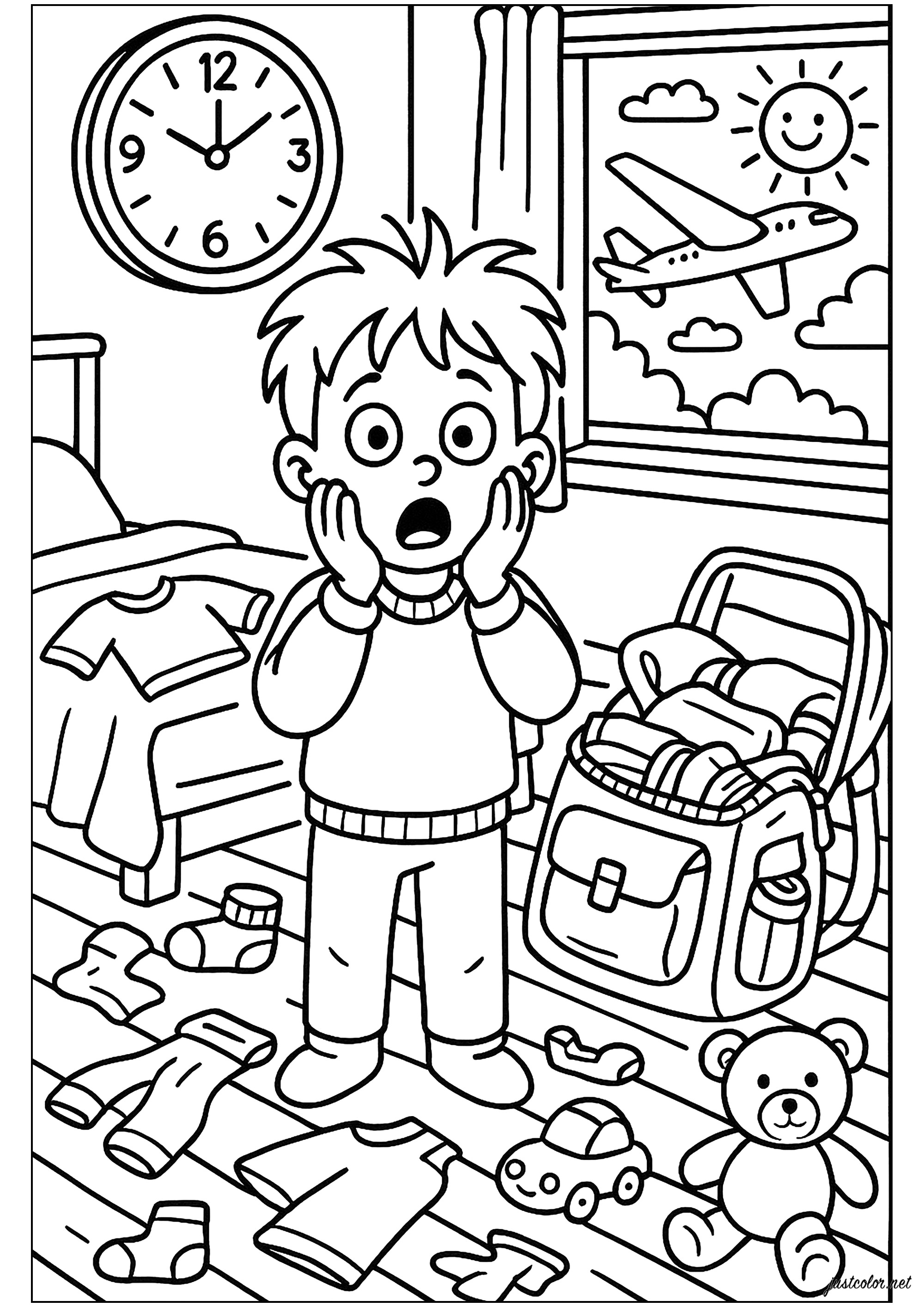 Kevin entdeckt, dass seine Eltern ohne ihn losgefahren sind (Ausmalbild von Kevin – Allein zu Haus zum Ausdrucken und Ausmalen für Kinder)