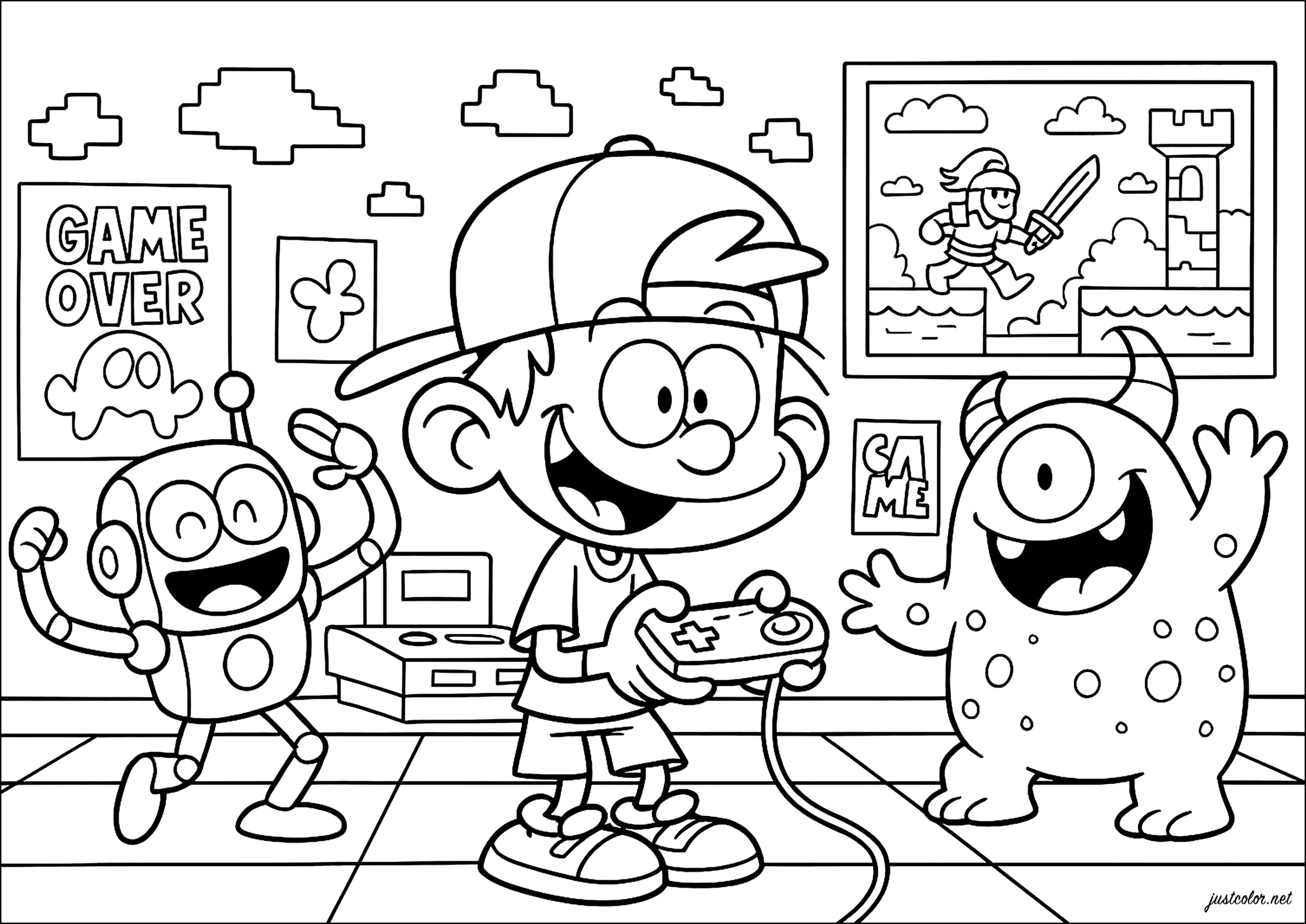 Kid Paddle und seine Freunde im vollen Videospielabenteuer (Ausmalbild zum Ausdrucken und Ausmalen für Kinder)