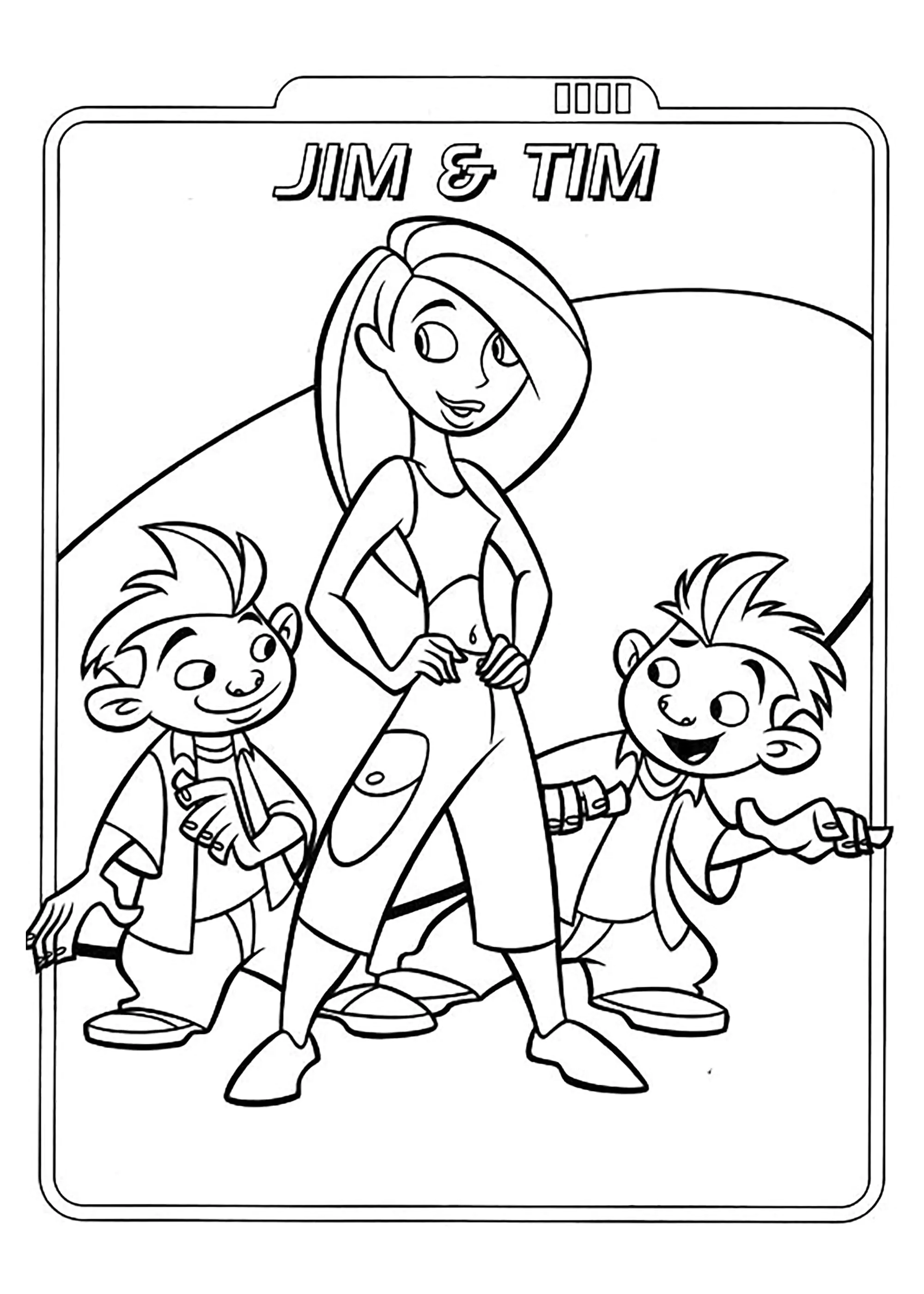Kim mit Jim und Tim (Ausmalbild von Kim Possible zum Ausdrucken und Ausmalen für Kinder)