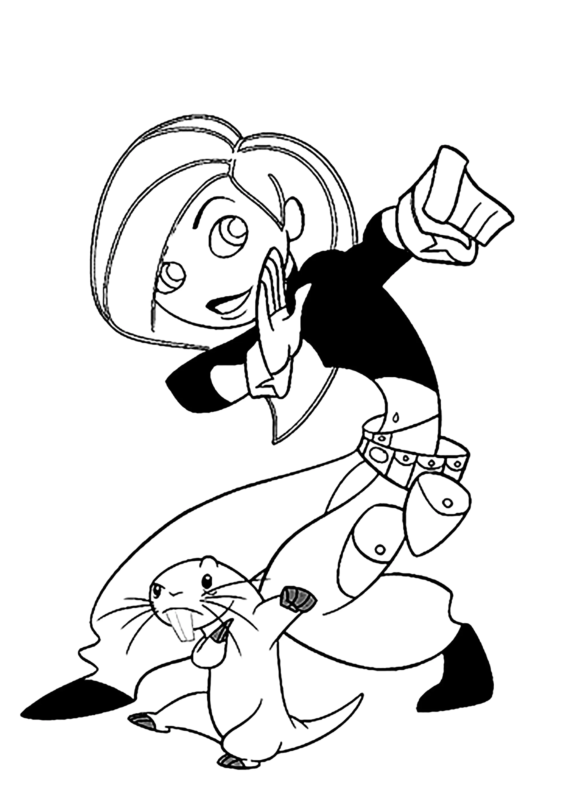 Kim und der kleine Rufus (Ausmalbild von Kim Possible zum Ausdrucken und Ausmalen für Kinder)