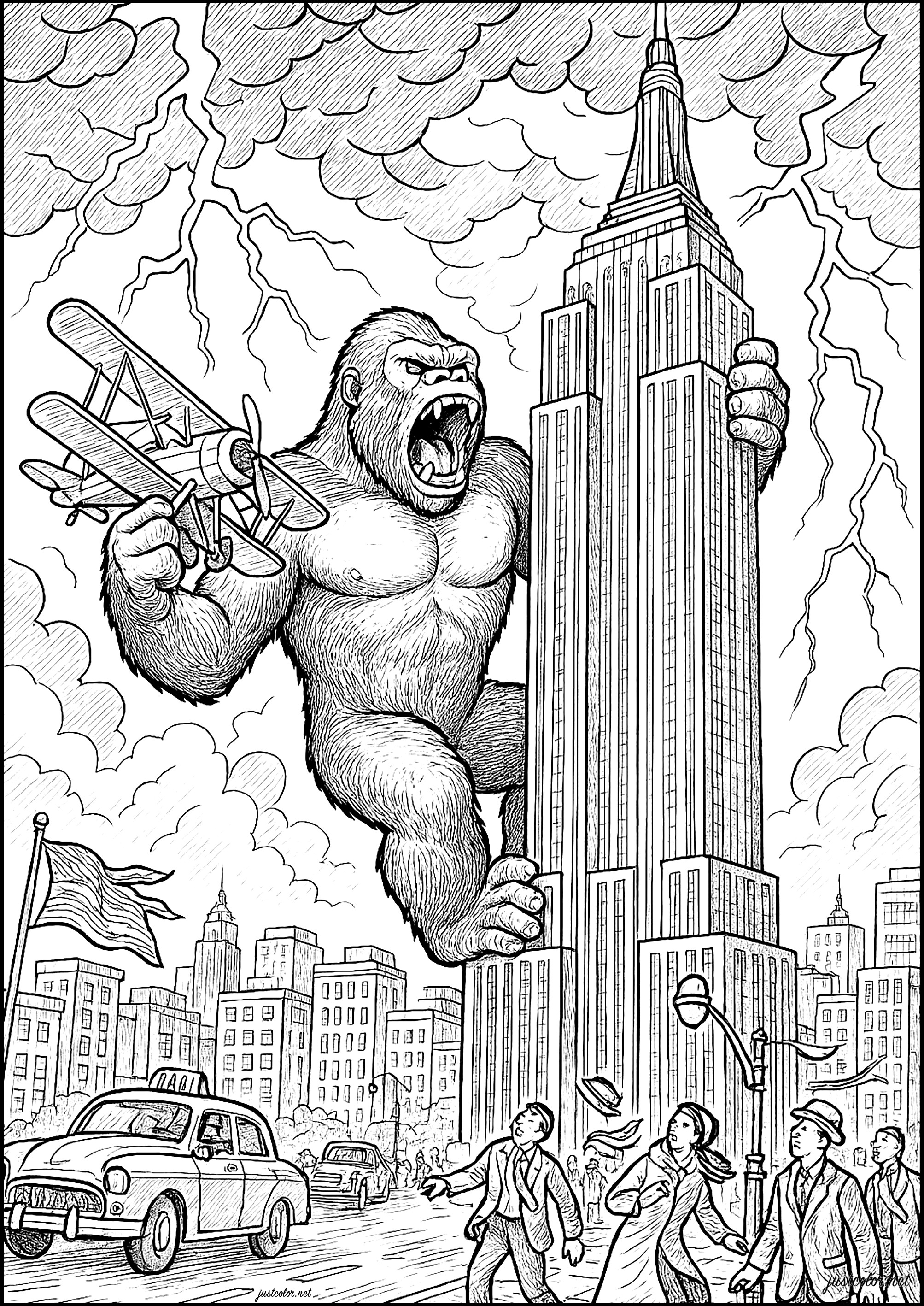 Auf dem Empire State Building in New York (Ausmalbild von King Kong zum Ausdrucken und Ausmalen für Kinder)