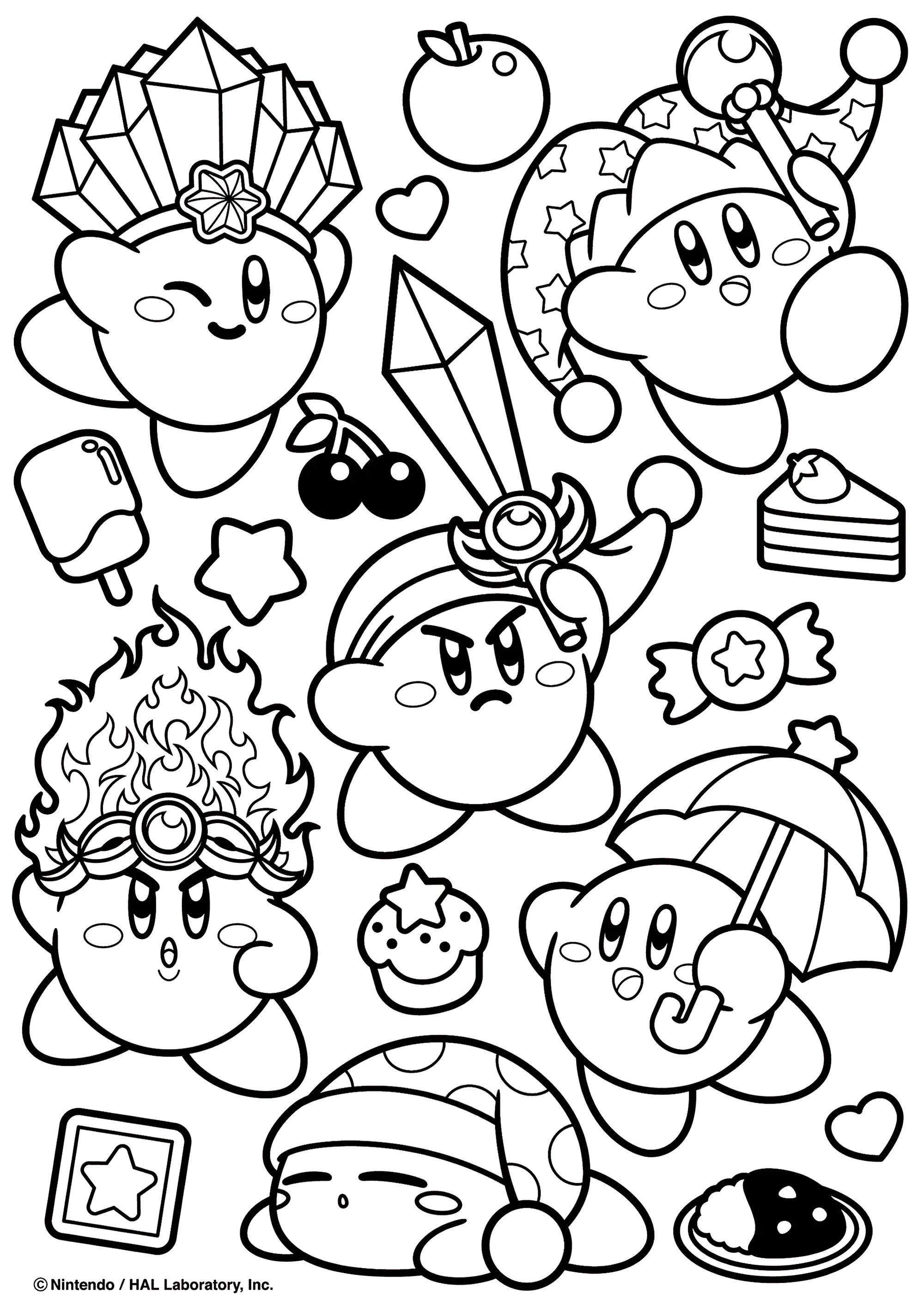 Kirby in verschiedenen Situationen (Ausmalbild zum Ausdrucken und Ausmalen für Kinder)