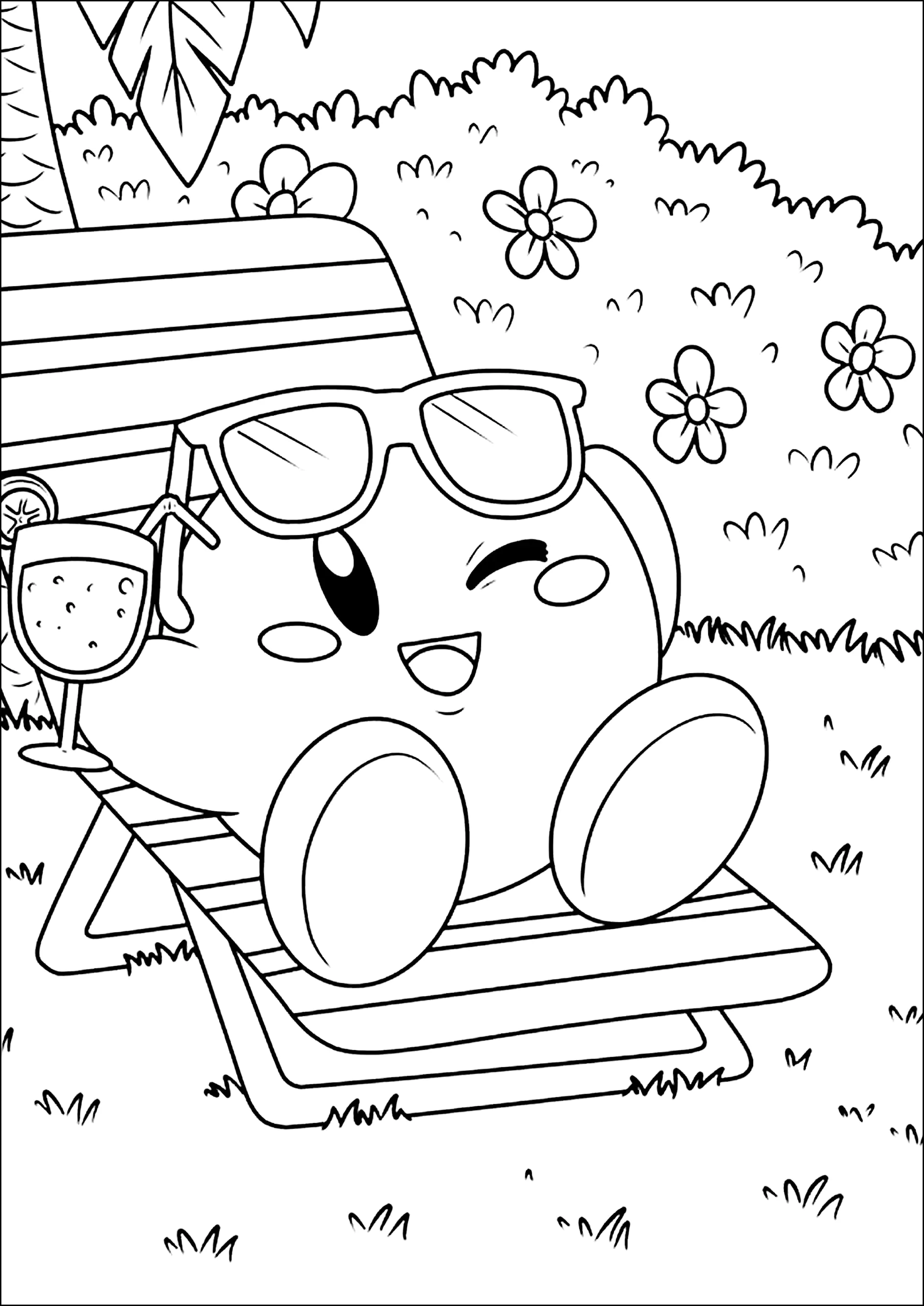 Kirby entspannt sich in seinem Garten. (Ausmalbild zum Ausdrucken und Ausmalen für Kinder)