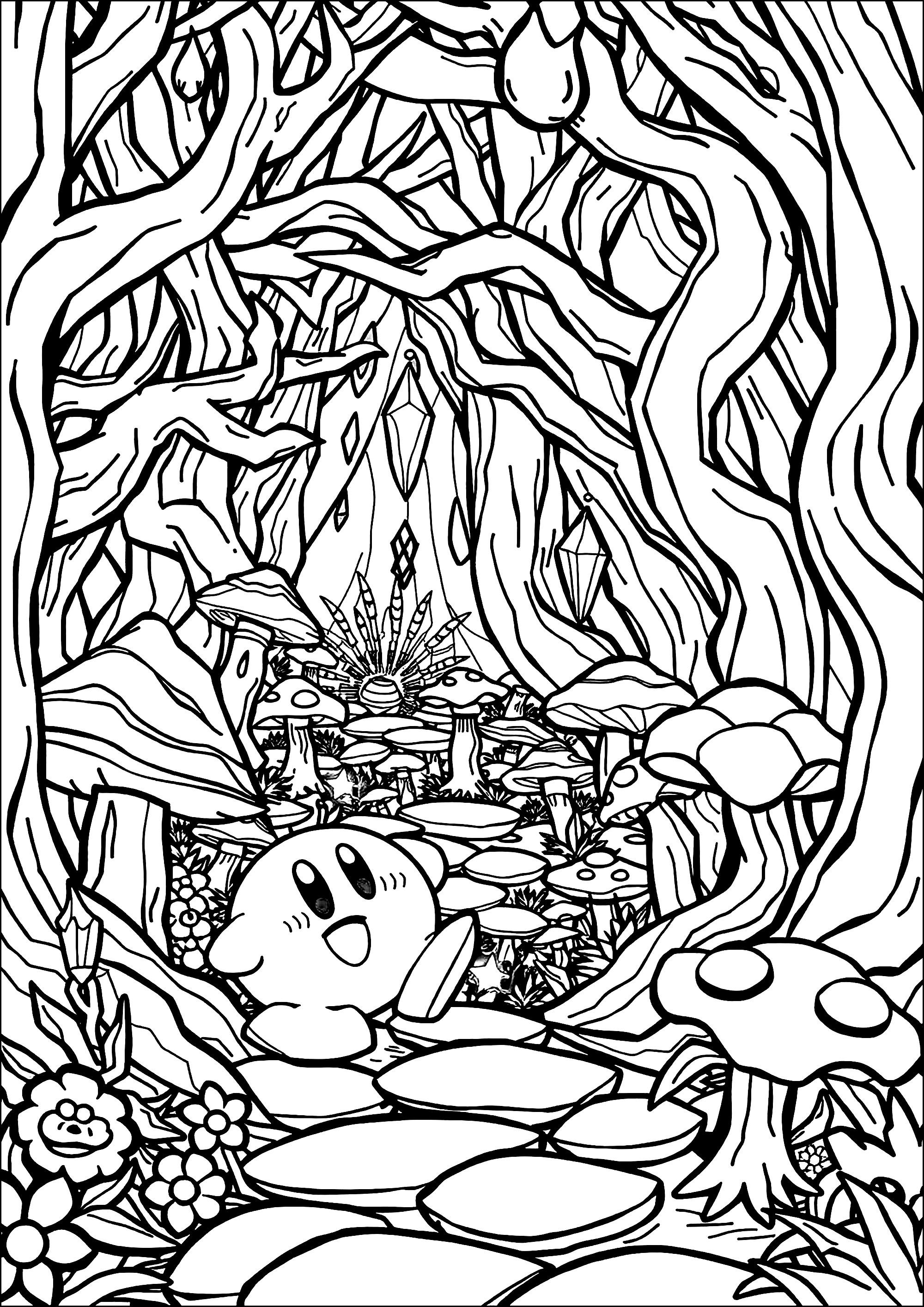 Ein neues Abenteuer in einem verzauberten Wald (Ausmalbild von Kirby zum Ausdrucken und Ausmalen für Kinder)