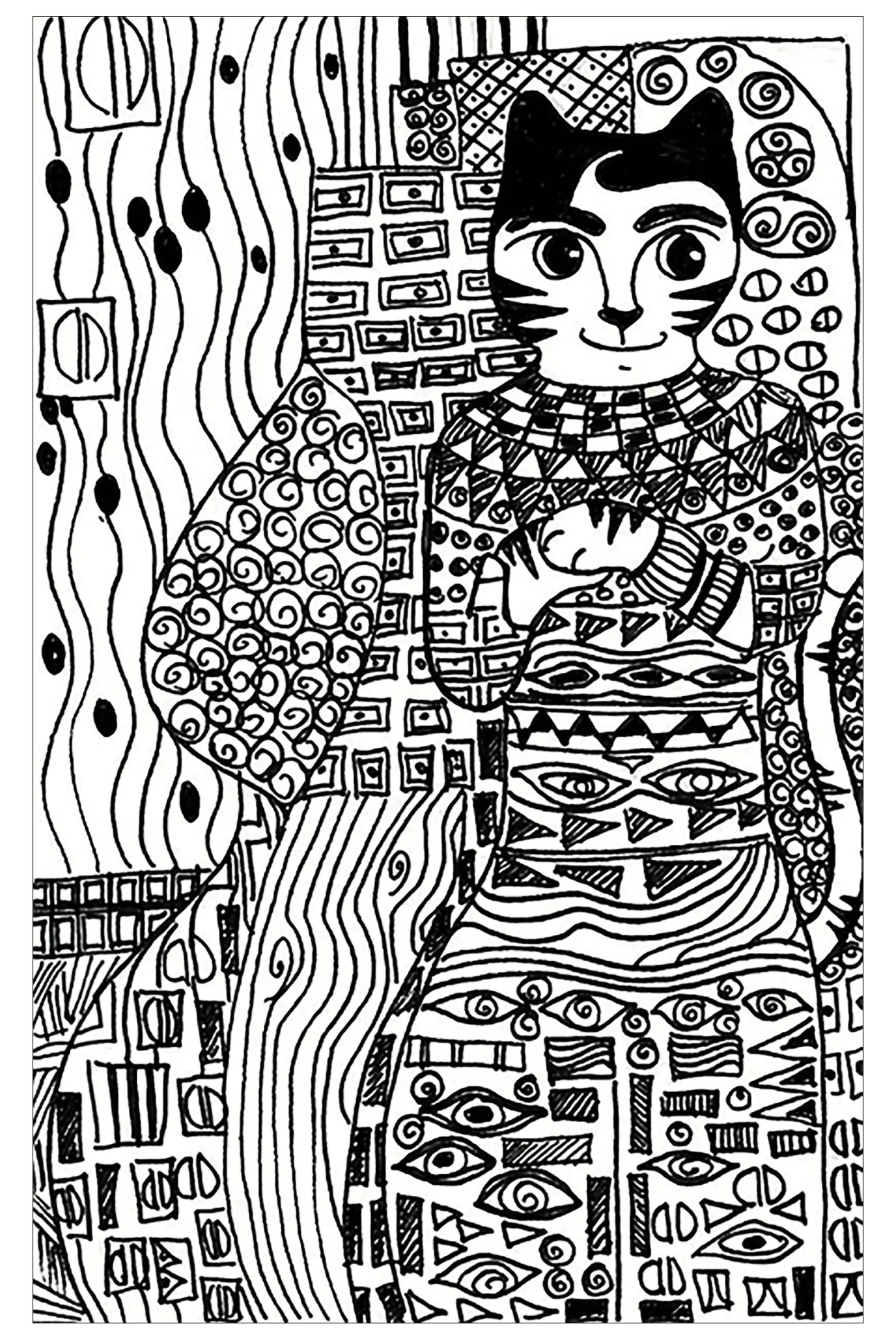 Gustav Klimt neu interpretiert mit einer Katze (Ausmalbild zum Ausdrucken und Ausmalen für Kinder)