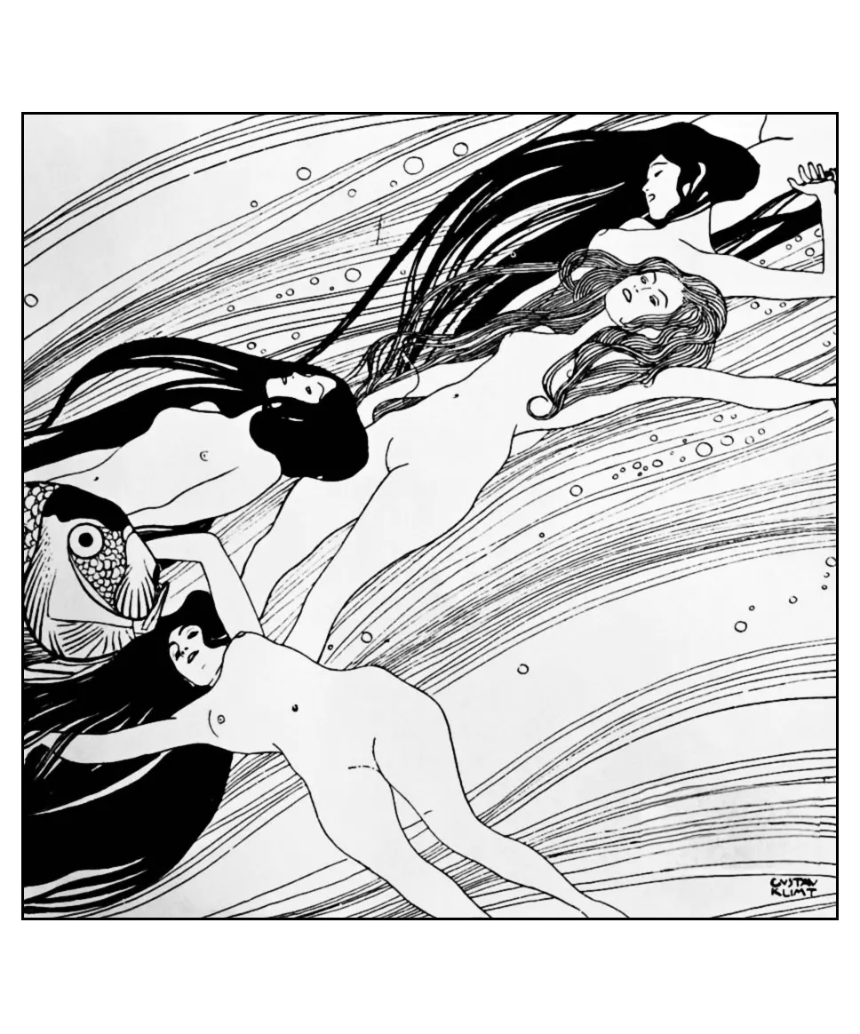 Gustav Klimt: Frauen und Fische (Ausmalbild zum Ausdrucken und Ausmalen für Kinder)