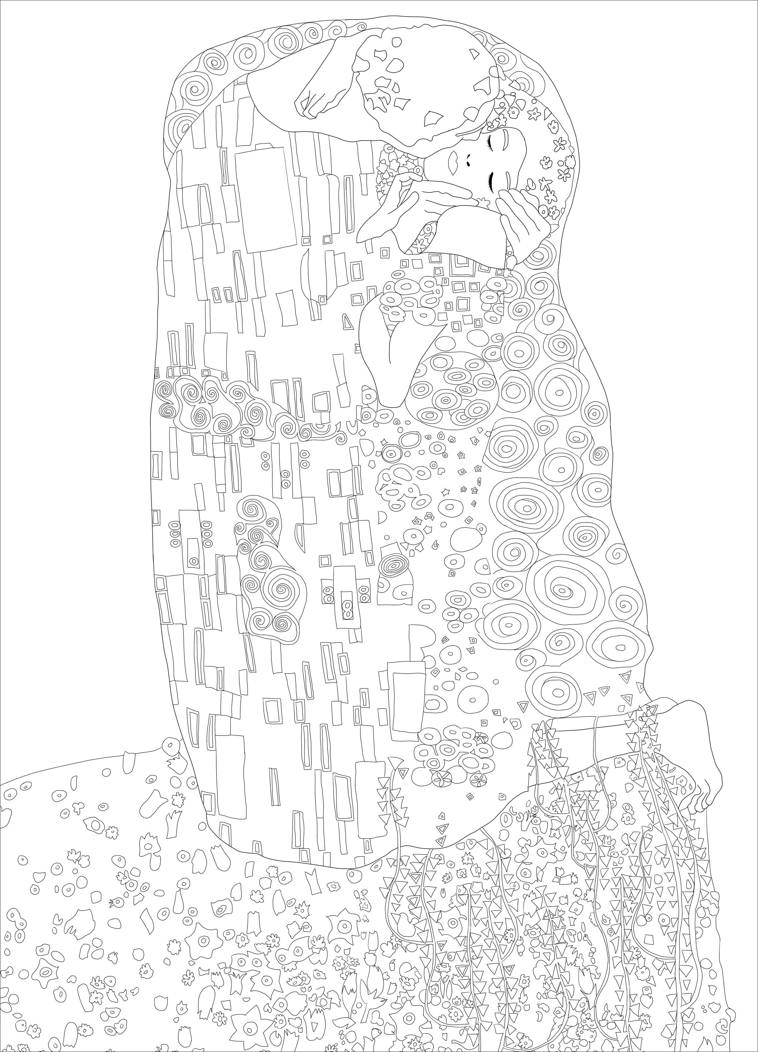 Gustav Klimt: Der Kuss (Ausmalbild zum Ausdrucken und Ausmalen für Kinder)