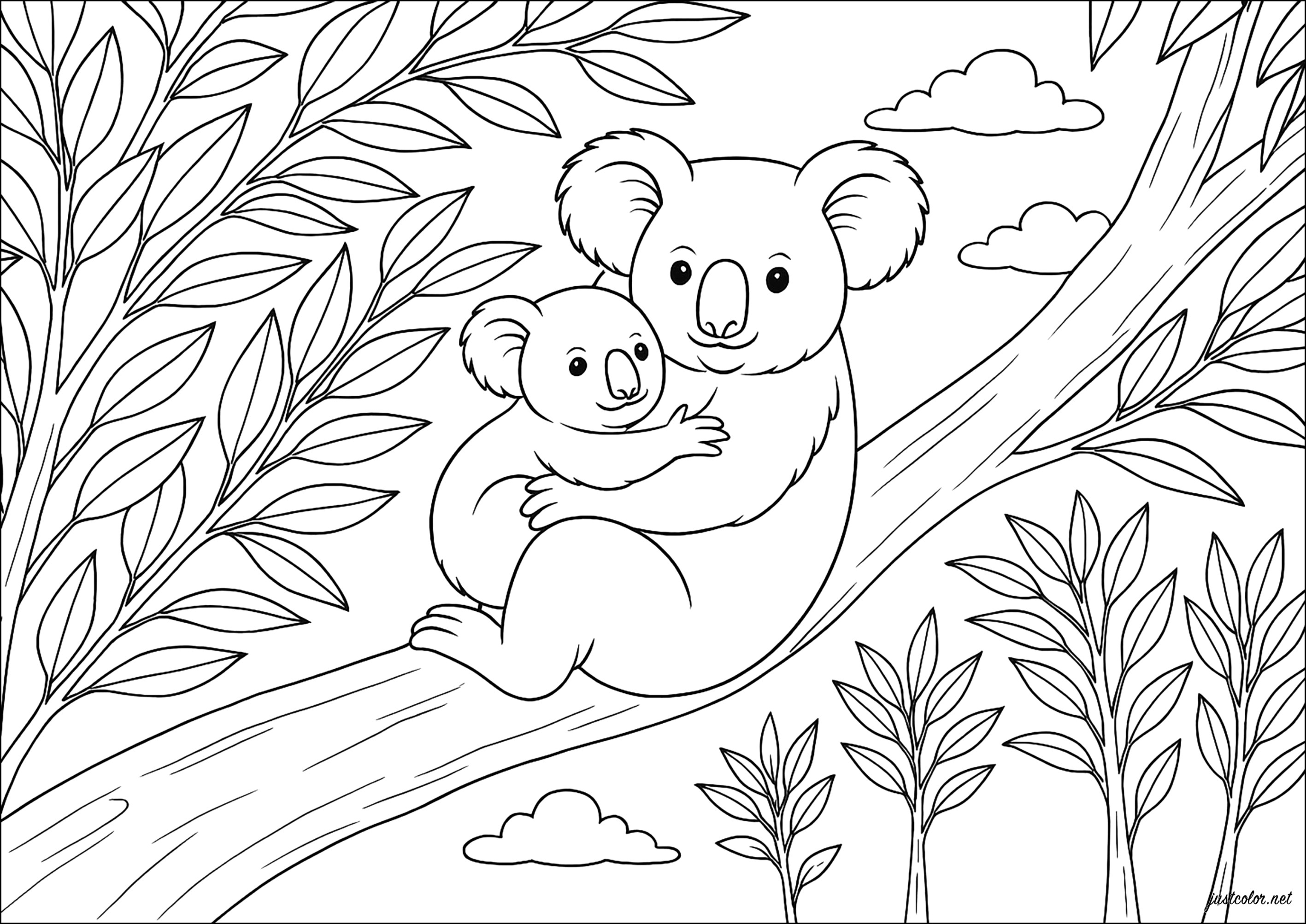 Friedliches Koala-Duo (Ausmalbild zum Ausdrucken und Ausmalen für Kinder)