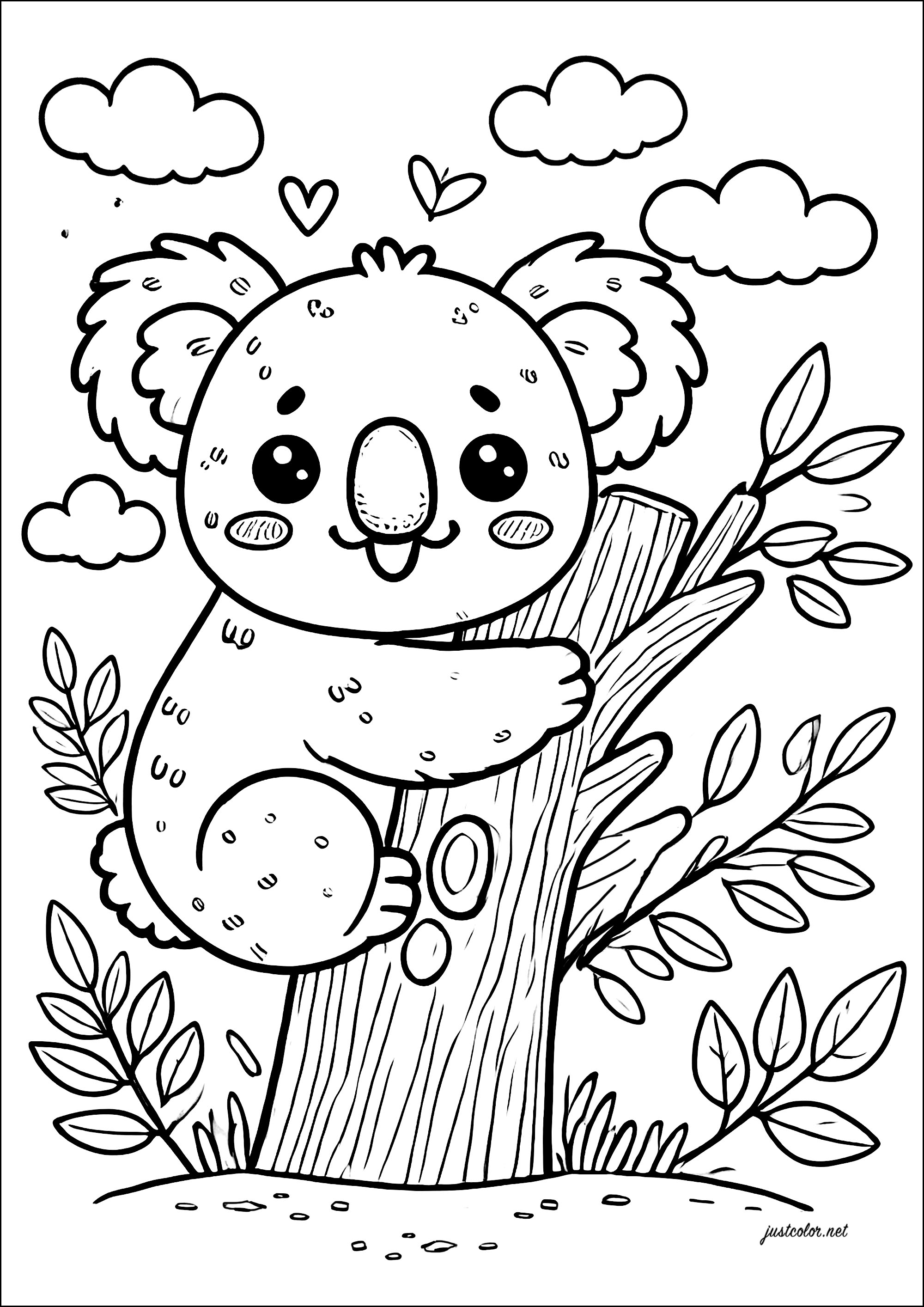 Niedlicher kleiner Koala, der auf einem Baumstamm sitzt (Ausmalbild zum Ausdrucken und Ausmalen für Kinder)