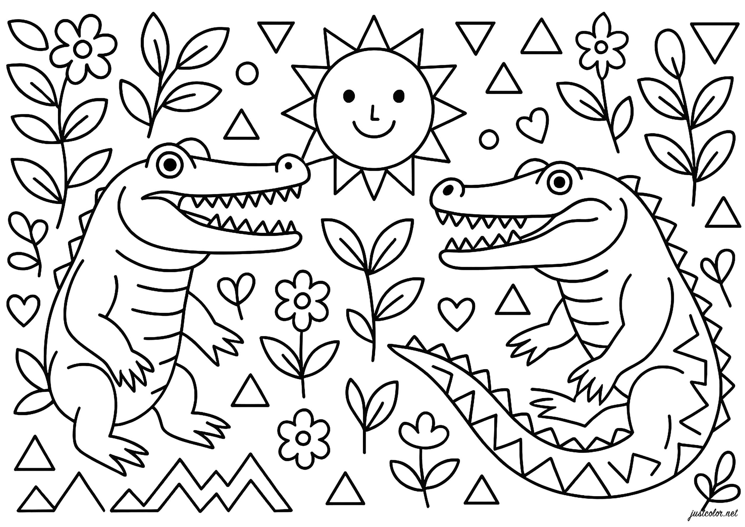 Zwei Krokodils und hübsche Muster (Ausmalbild zum Ausdrucken und Ausmalen für Kinder)