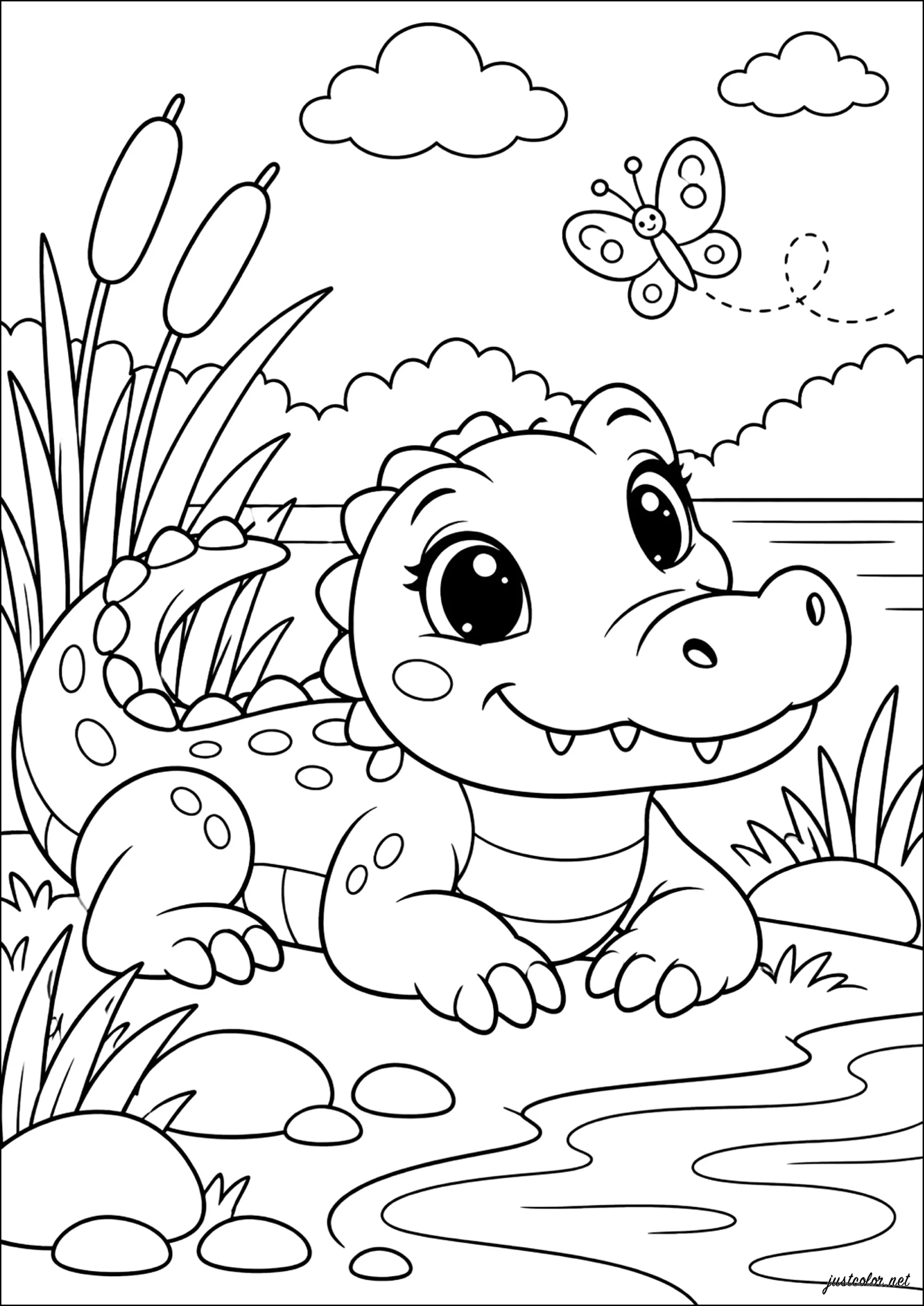 Krokodil, das neben einem Teich liegt (Ausmalbild zum Ausdrucken und Ausmalen für Kinder)