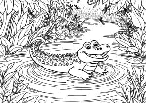 Krokodil in einem Fluss mit Libellen (Ausmalbild)