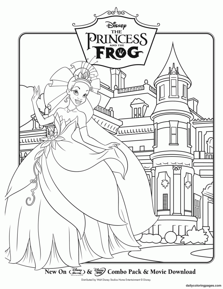 Tiana in ihrem schönen Kleid vor einem hübschen Herrenhaus (Ausmalbild von Küss den Frosch zum Ausdrucken und Ausmalen für Kinder)