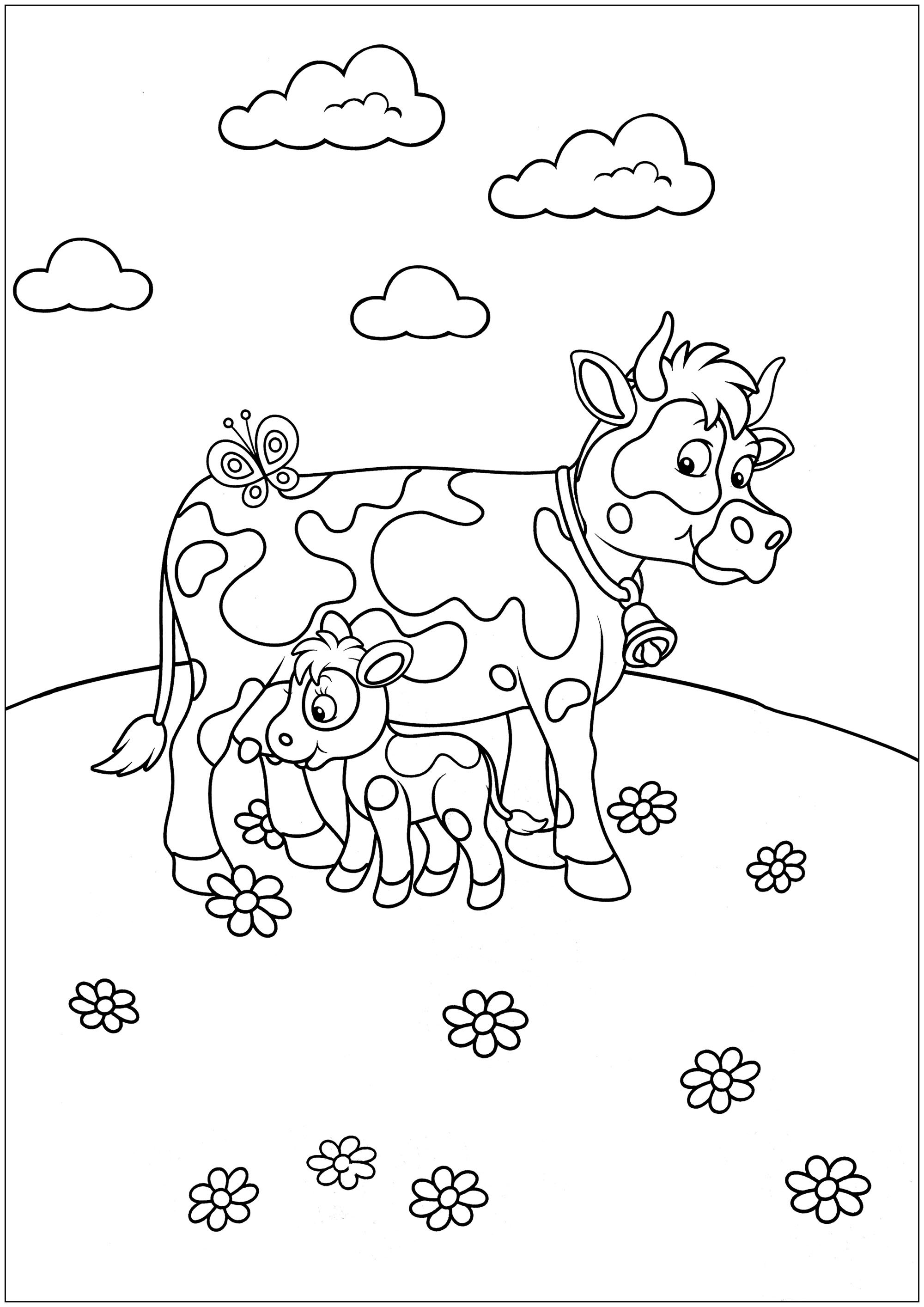 Kuh und Kalb auf einer Wiese, mit Wolken und Blumen. (Ausmalbild zum Ausdrucken und Ausmalen für Kinder)