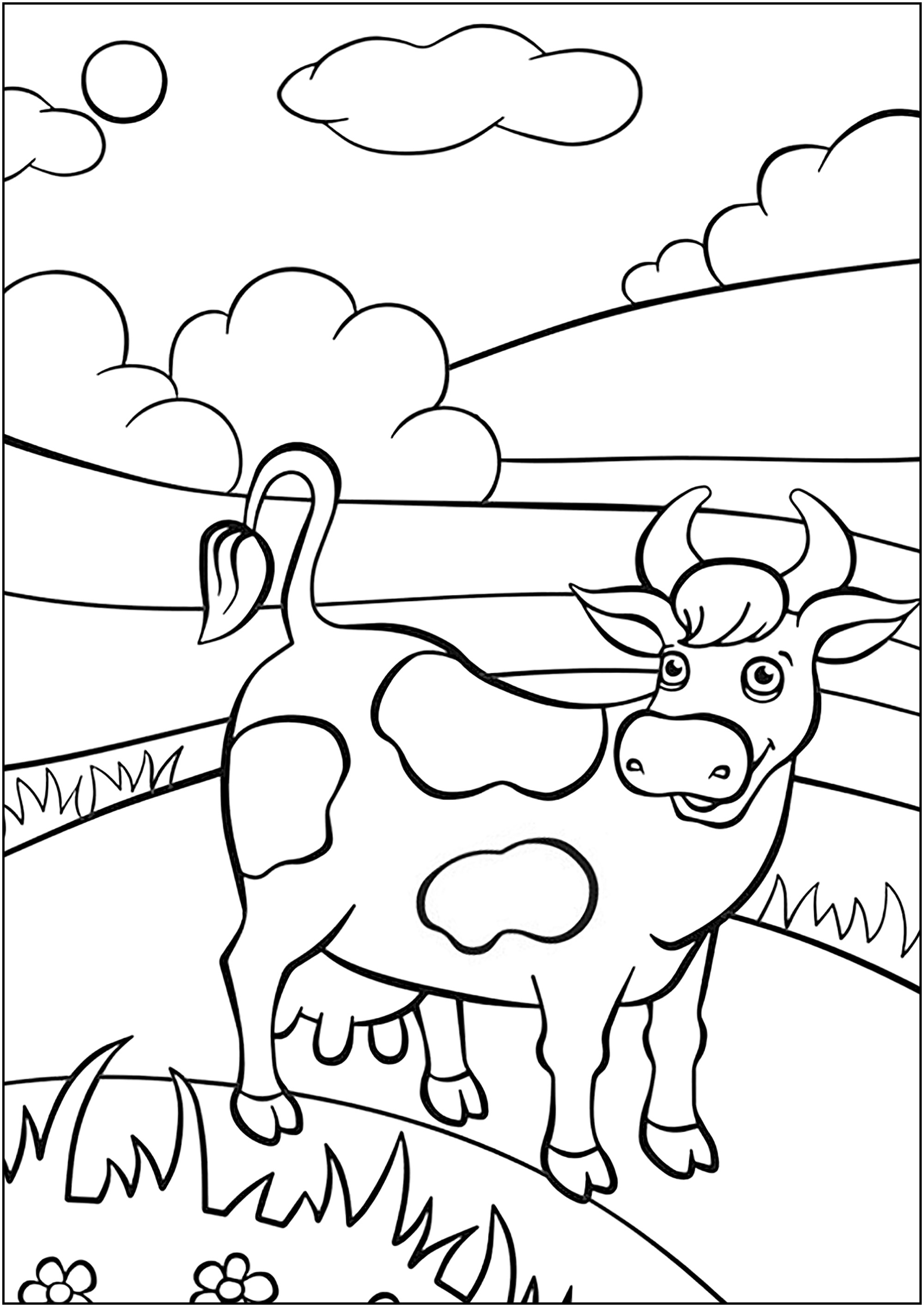 Hübsche Kuh auf einem Feld. (Ausmalbild zum Ausdrucken und Ausmalen für Kinder)