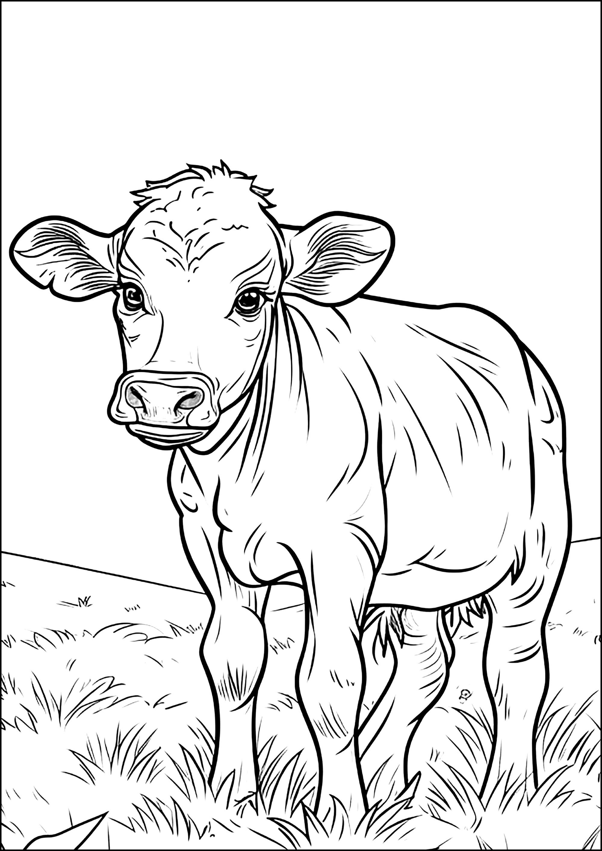 Sehr realistische Kuh auf einem Feld. (Ausmalbild zum Ausdrucken und Ausmalen für Kinder)