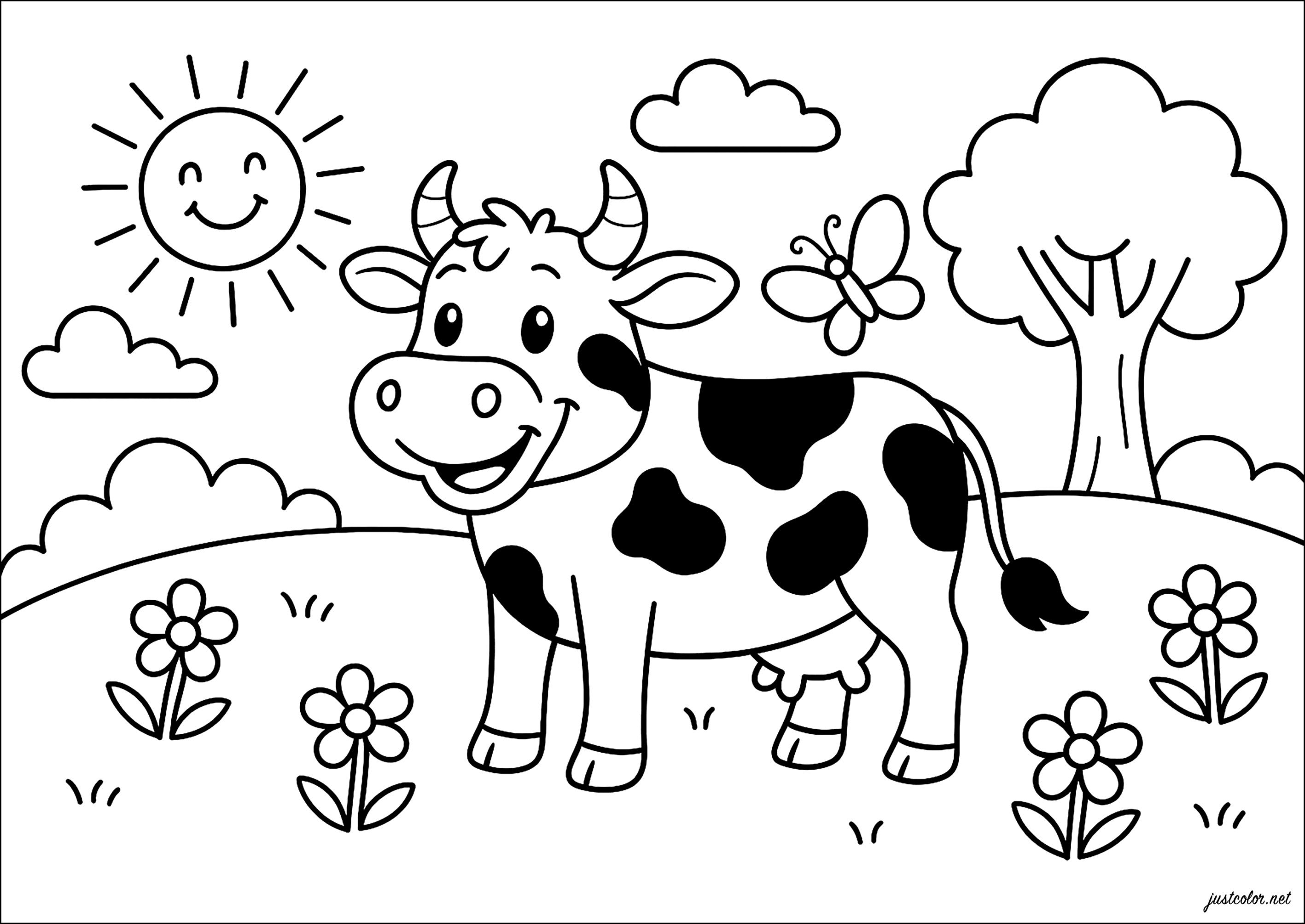Glückliche Kuh auf ihrer Weide (Ausmalbild zum Ausdrucken und Ausmalen für Kinder)