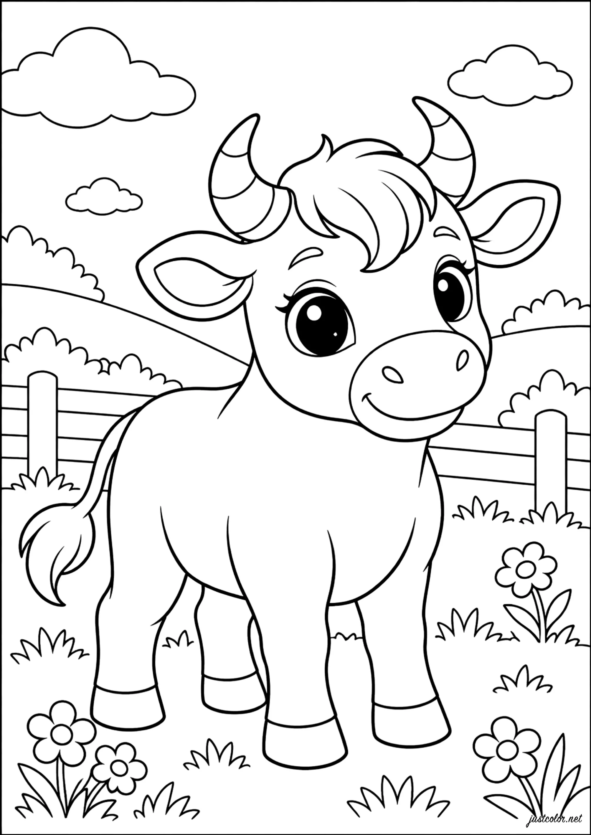 Lächelnde Kuh auf einem Feld (Ausmalbild zum Ausdrucken und Ausmalen für Kinder)