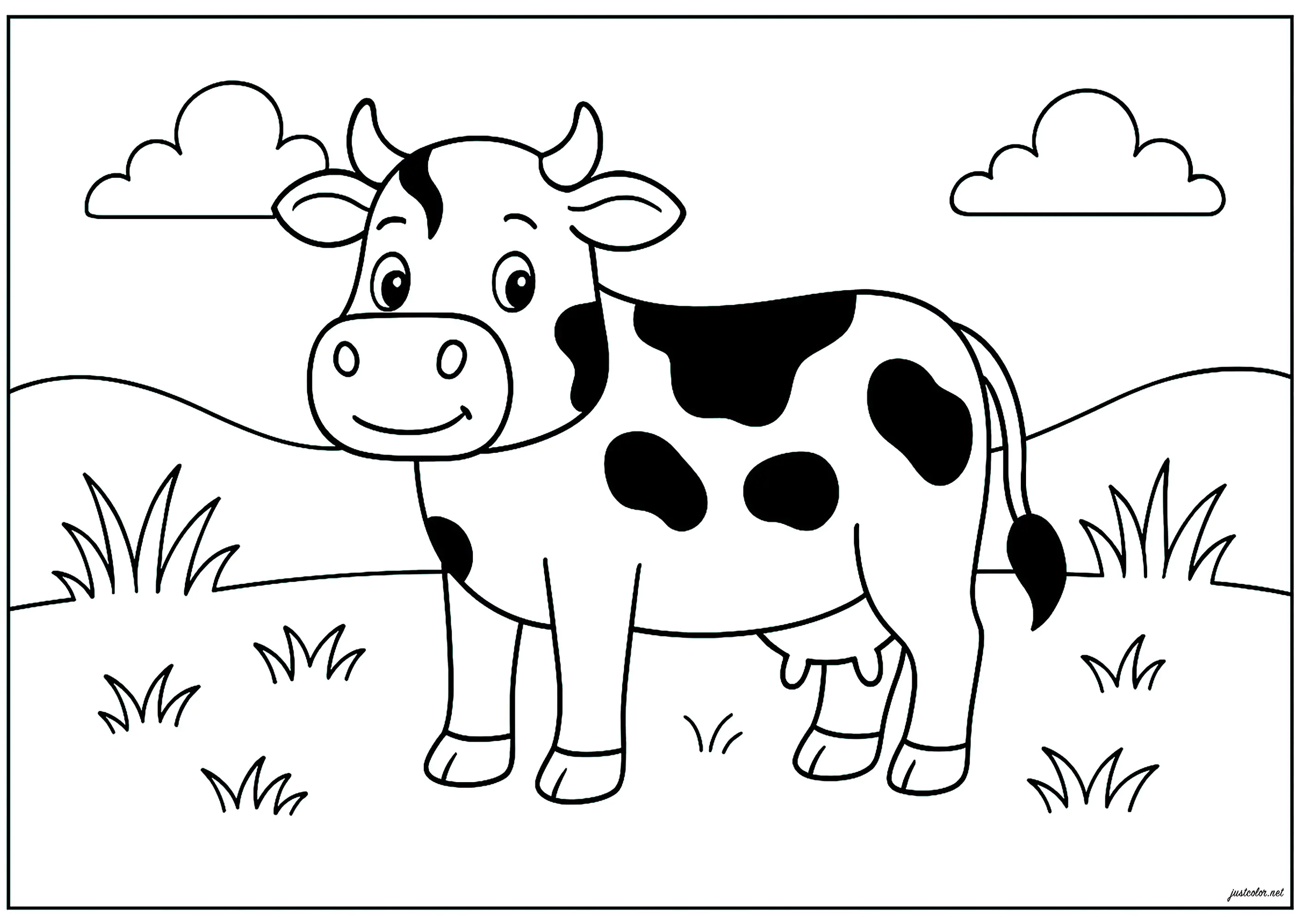 Hübsche kleine Kuh mit schwarzen Flecken (Ausmalbild zum Ausdrucken und Ausmalen für Kinder)