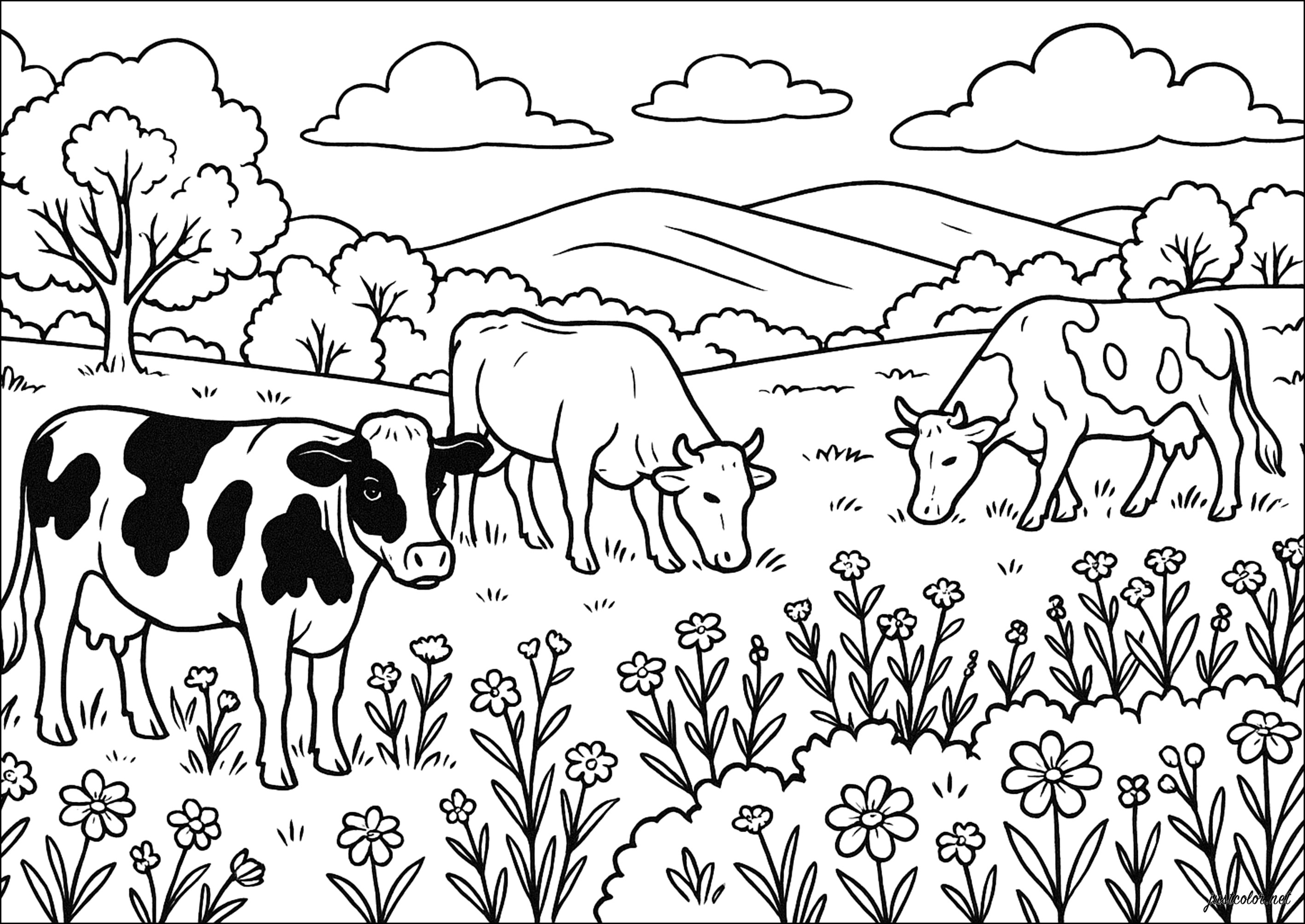 Bovines Trio auf einer blühenden Wiese (Ausmalbild von Kuh zum Ausdrucken und Ausmalen für Kinder)