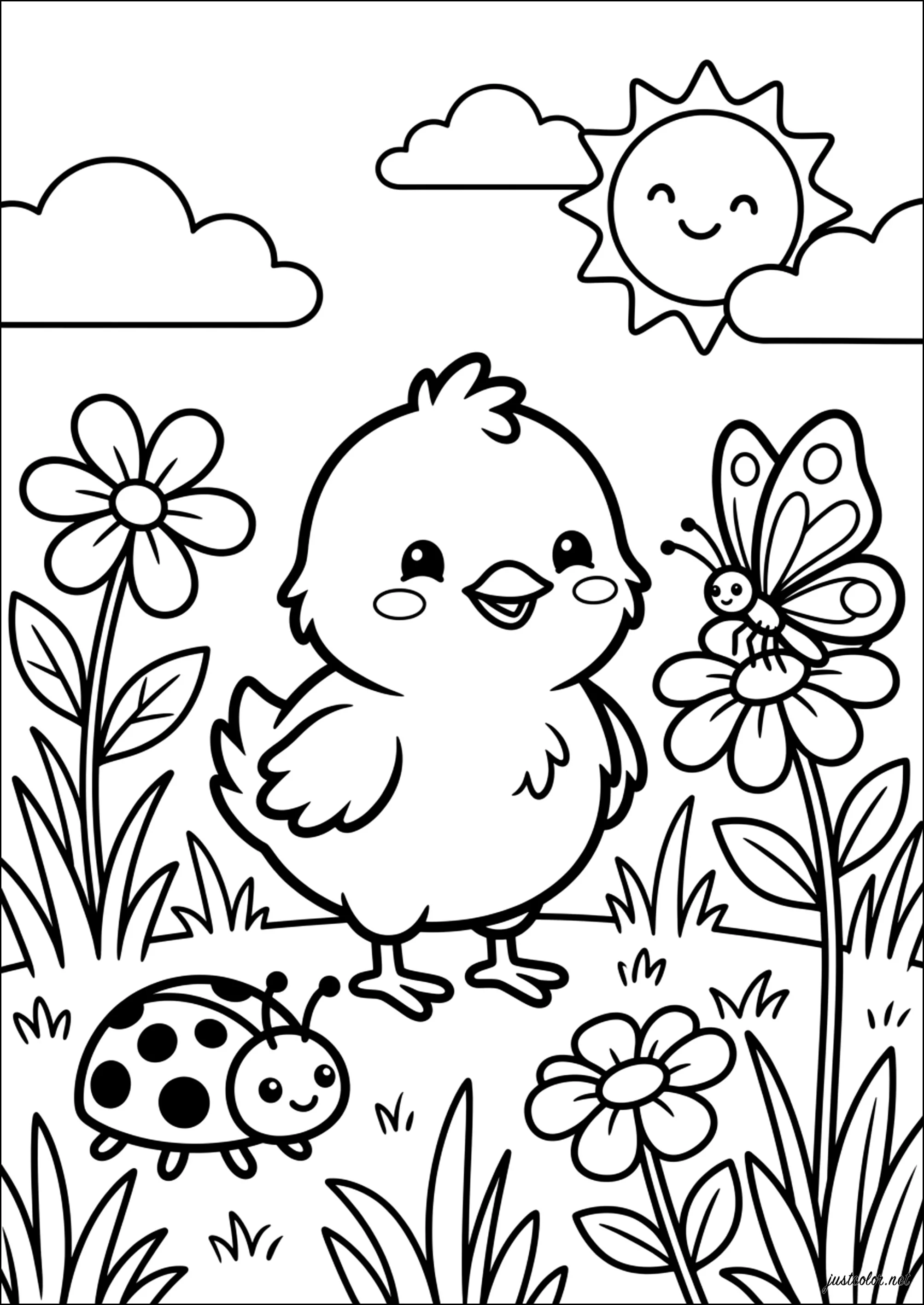 Ein Nachmittag im Garten (Ausmalbild von Küken zum Ausdrucken und Ausmalen für Kinder)