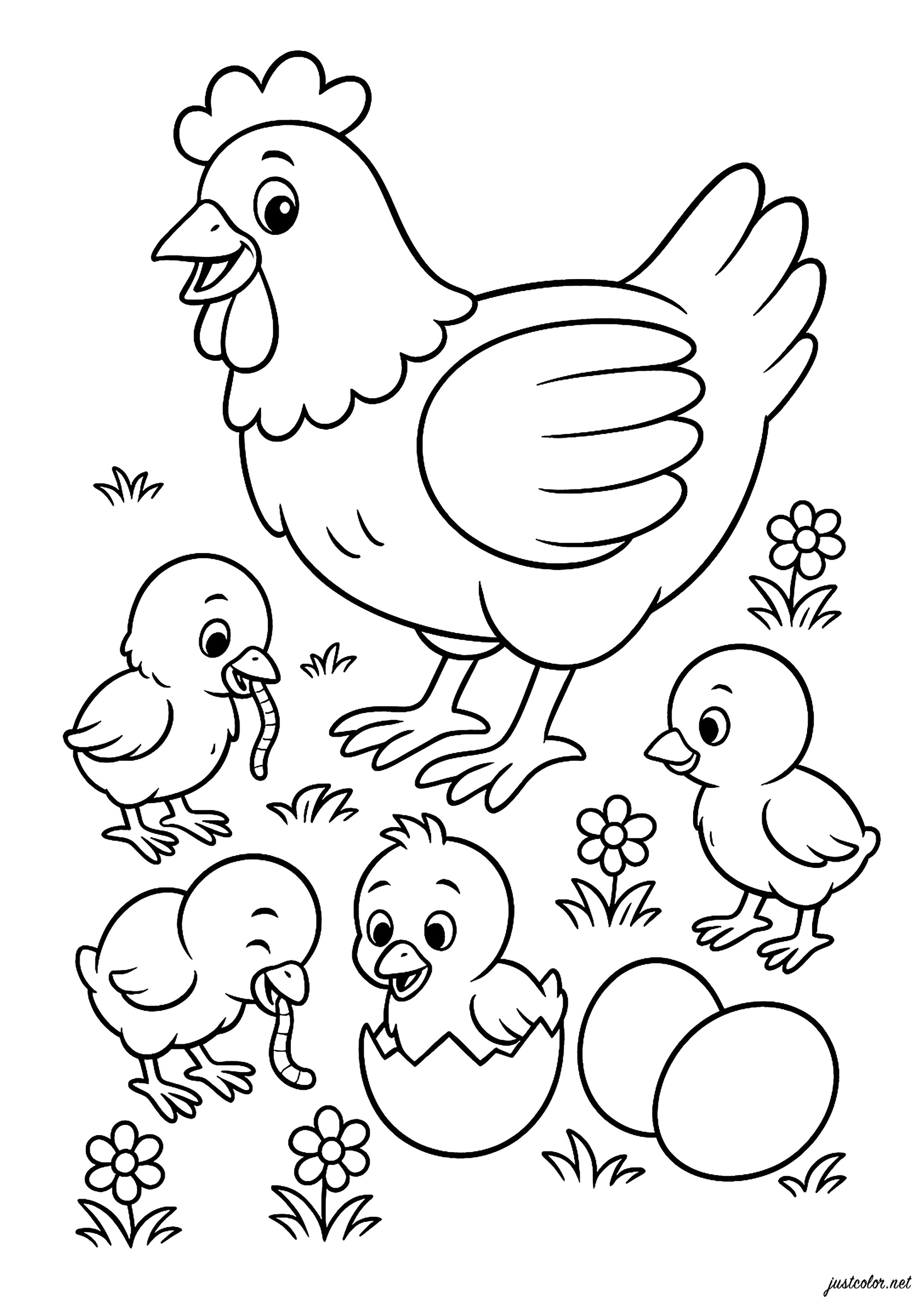 Die fröhliche Familie von Hühnern und Küken (Ausmalbild zum Ausdrucken und Ausmalen für Kinder)