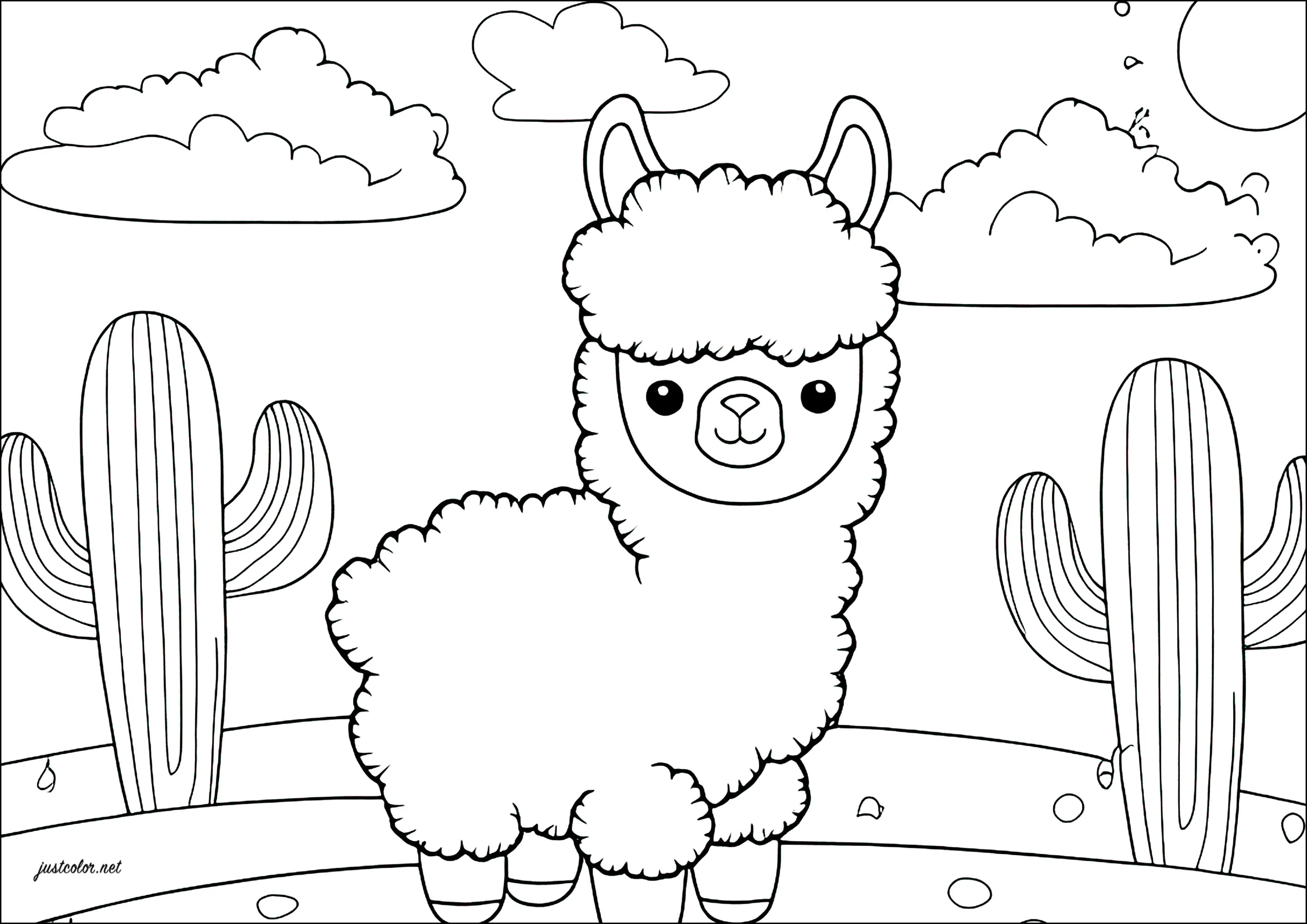 Kleines einfaches Lama mit Kaktus (Ausmalbild zum Ausdrucken und Ausmalen für Kinder)