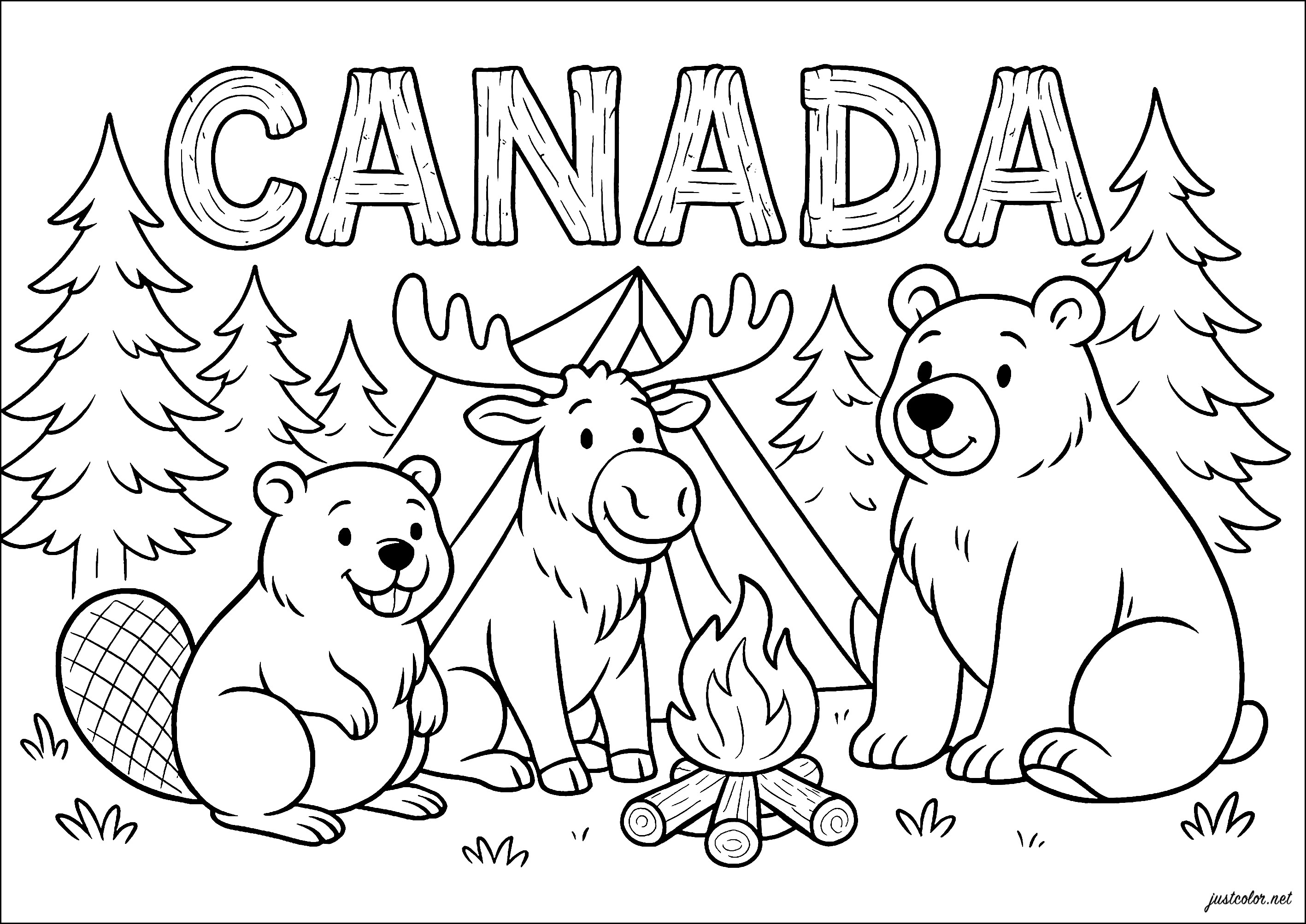 Tierabenteuer in Kanada (Ausmalbild von Land zum Ausdrucken und Ausmalen für Kinder)