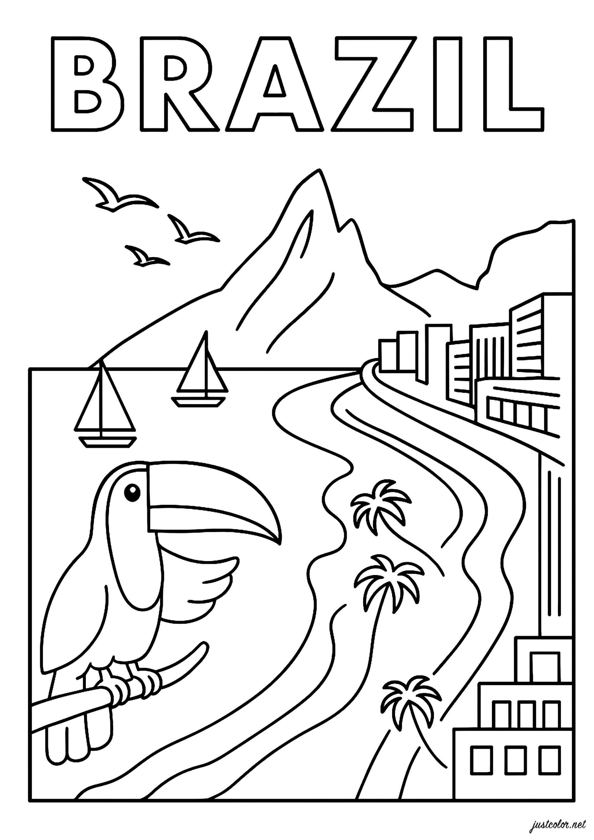 Tropische Flucht in Brasilien (Ausmalbild von Land zum Ausdrucken und Ausmalen für Kinder)