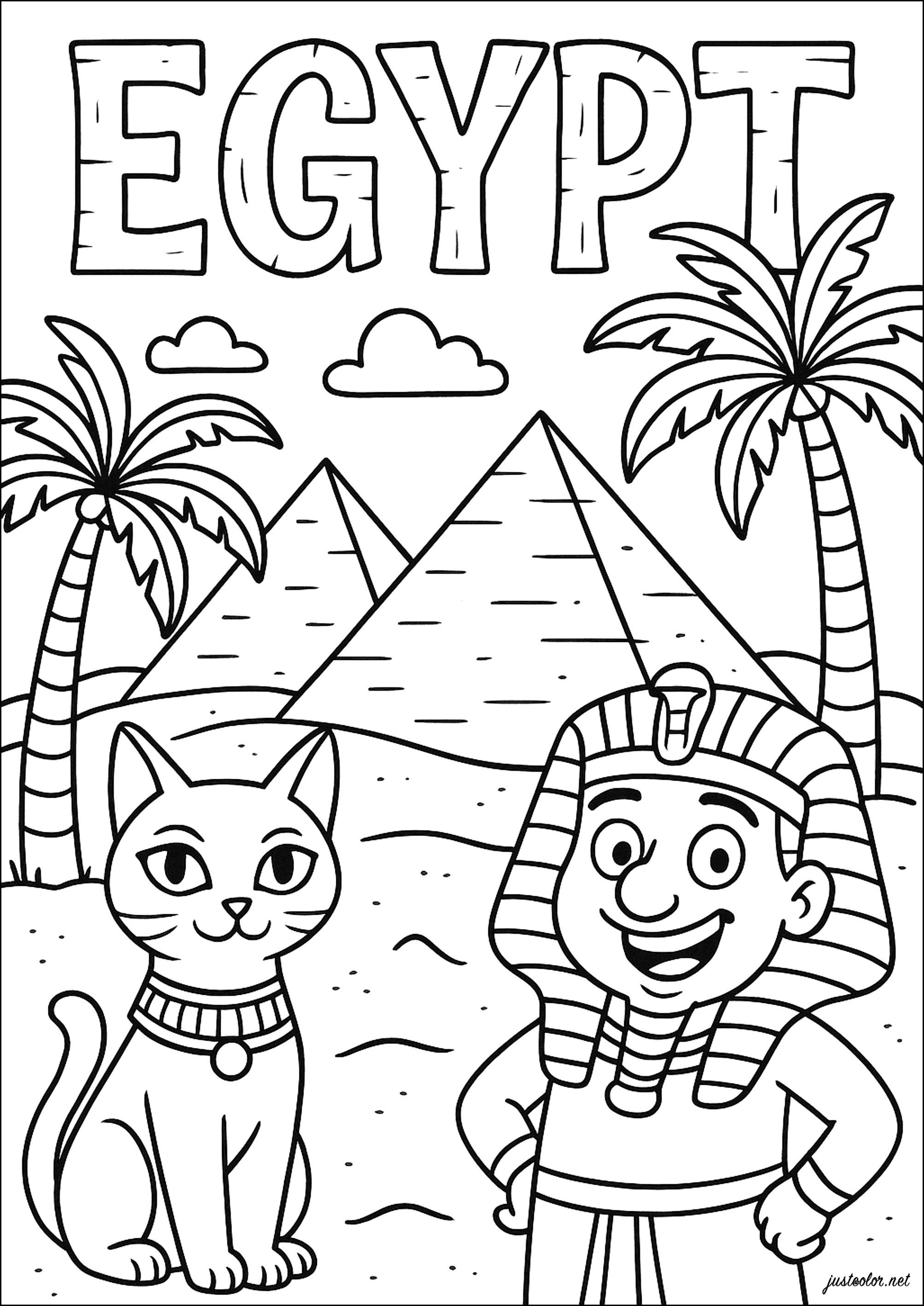Ägypten : Die geheimnisvolle Katze und der Pharao (Ausmalbild von Land zum Ausdrucken und Ausmalen für Kinder)