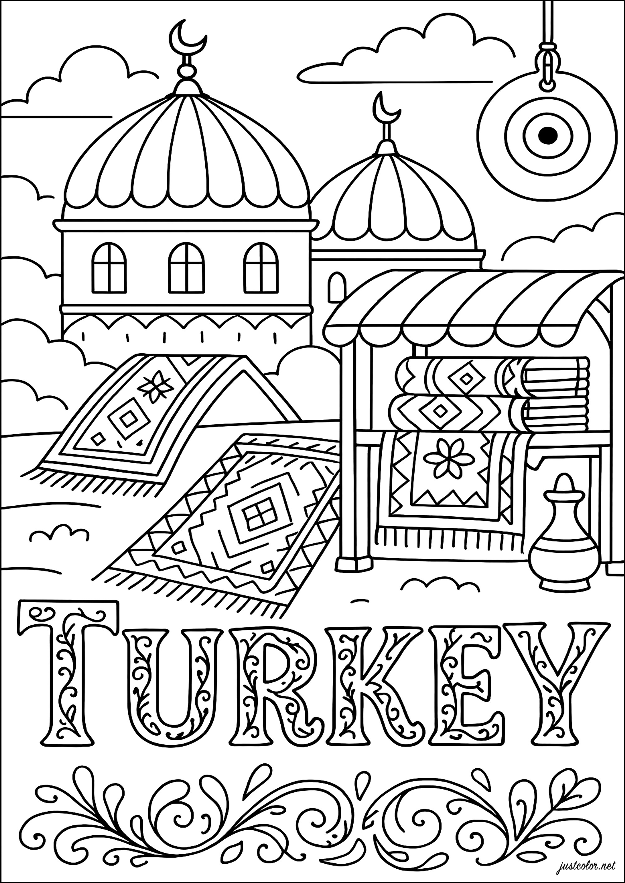 Türkei: Erkundung der Wunder des Orients (Ausmalbild von Land zum Ausdrucken und Ausmalen für Kinder)