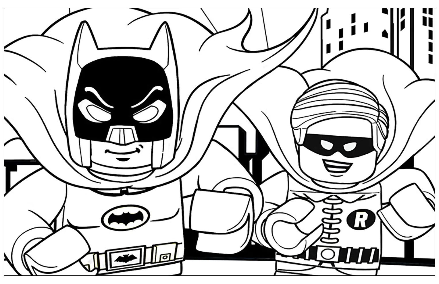 Batman und sein treuer Robin! (Ausmalbild von Lego Batman zum Ausdrucken und Ausmalen für Kinder)