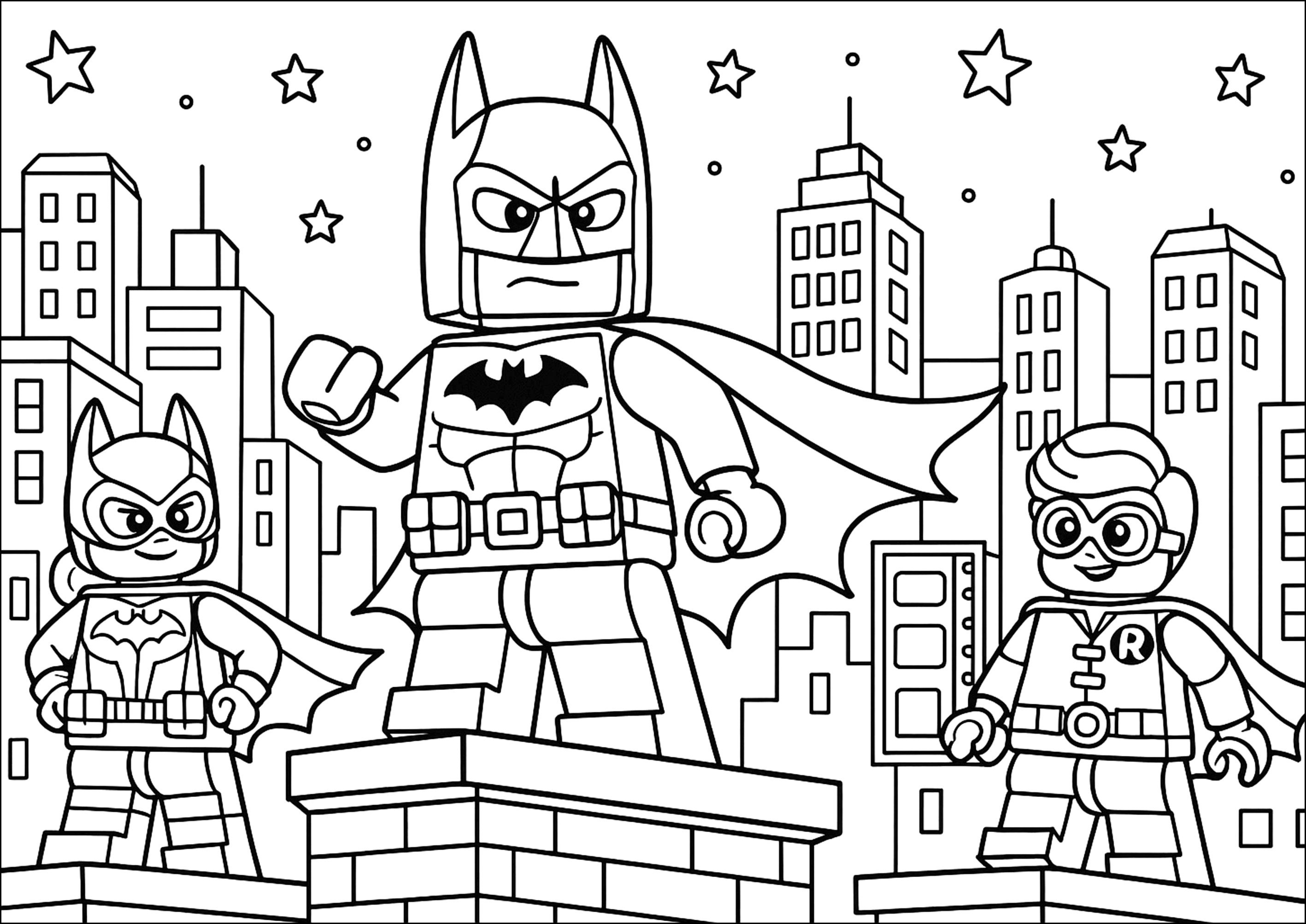 Superheld, der über die Stadt wacht (Ausmalbild von Lego Batman zum Ausdrucken und Ausmalen für Kinder)