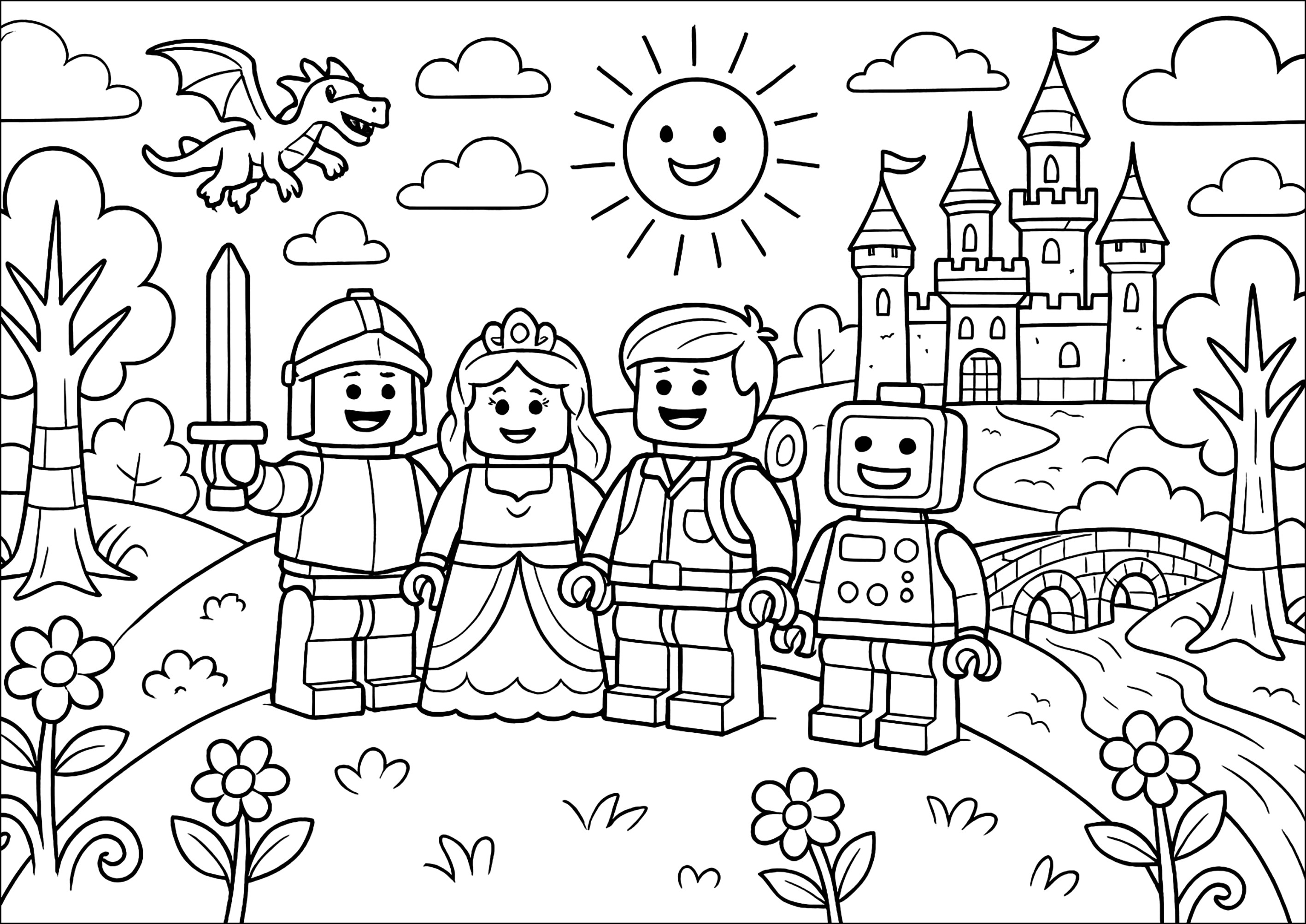 Magisches Abenteuer im Zauberreich (Ausmalbild von Legos zum Ausdrucken und Ausmalen für Kinder)