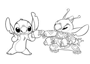 Leroy bedroht Stitch mit seinen Pistolen. (Ausmalbild von Leroy und Stitch)