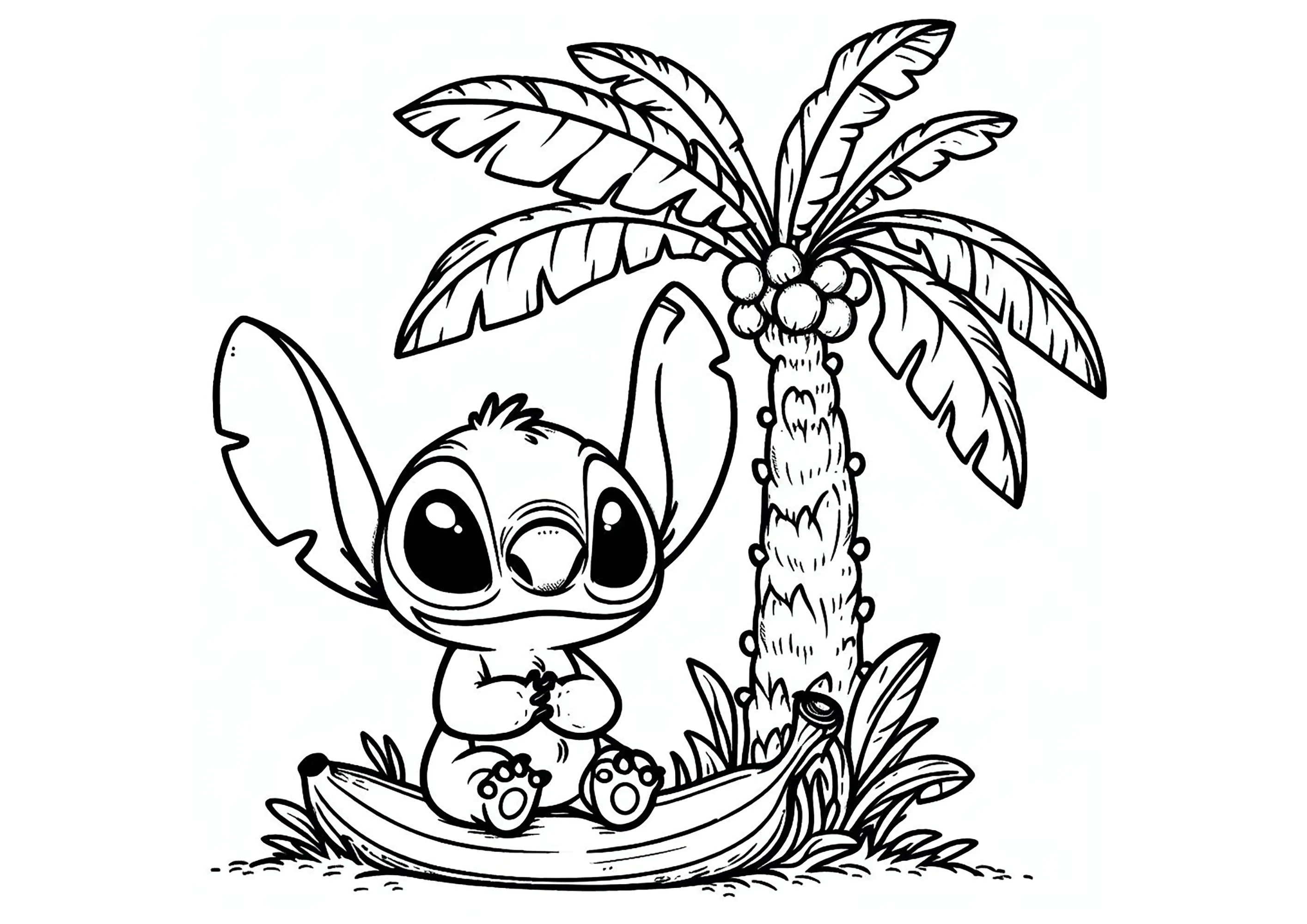 Stitch am Fuß einer Palme. (Ausmalbild von Lilo und Stitch zum Ausdrucken und Ausmalen für Kinder)