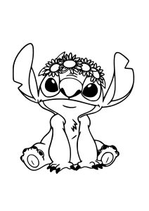 Stitch mit Blumen auf dem Kopf. (Ausmalbild von Lilo und Stitch)