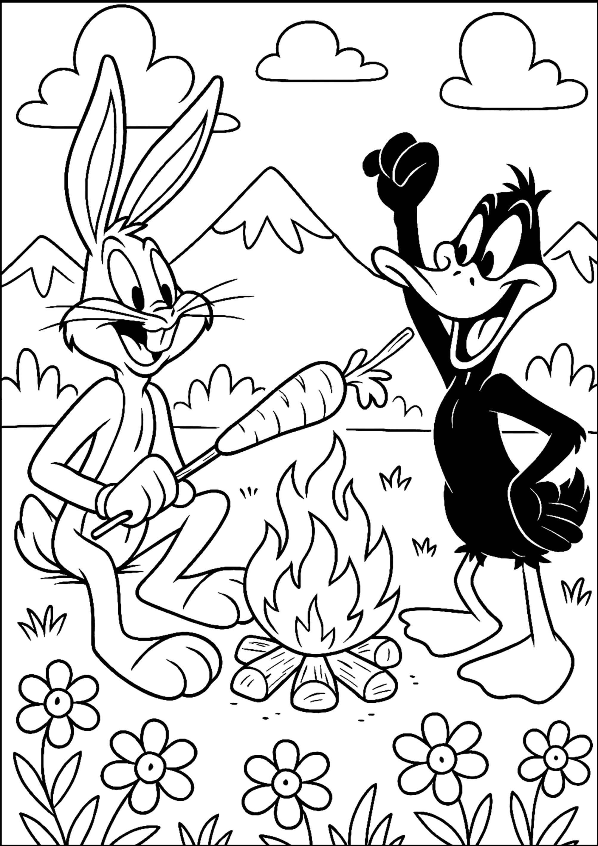 Karotten-Barbecue für Bugs Bunny und Daffy Duck (Ausmalbild von Looney Tunes zum Ausdrucken und Ausmalen für Kinder)