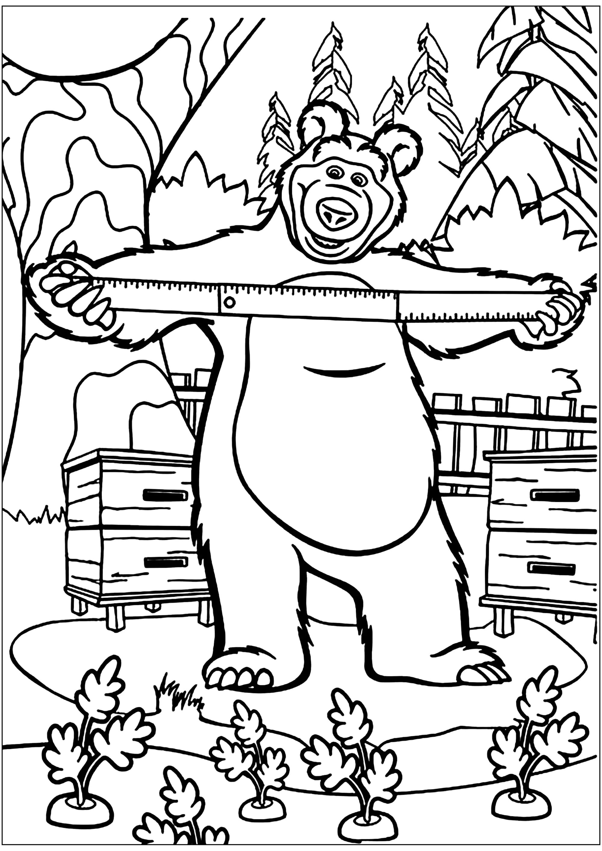 Der Bär bastelt. (Ausmalbild von Macha und der Bär zum Ausdrucken und Ausmalen für Kinder)