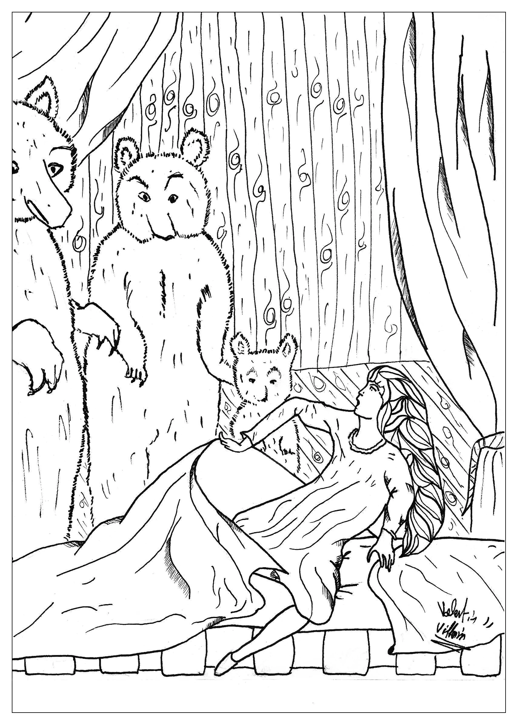 Goldlöckchen (Ausmalbild von Märchen zum Ausdrucken und Ausmalen für Kinder)