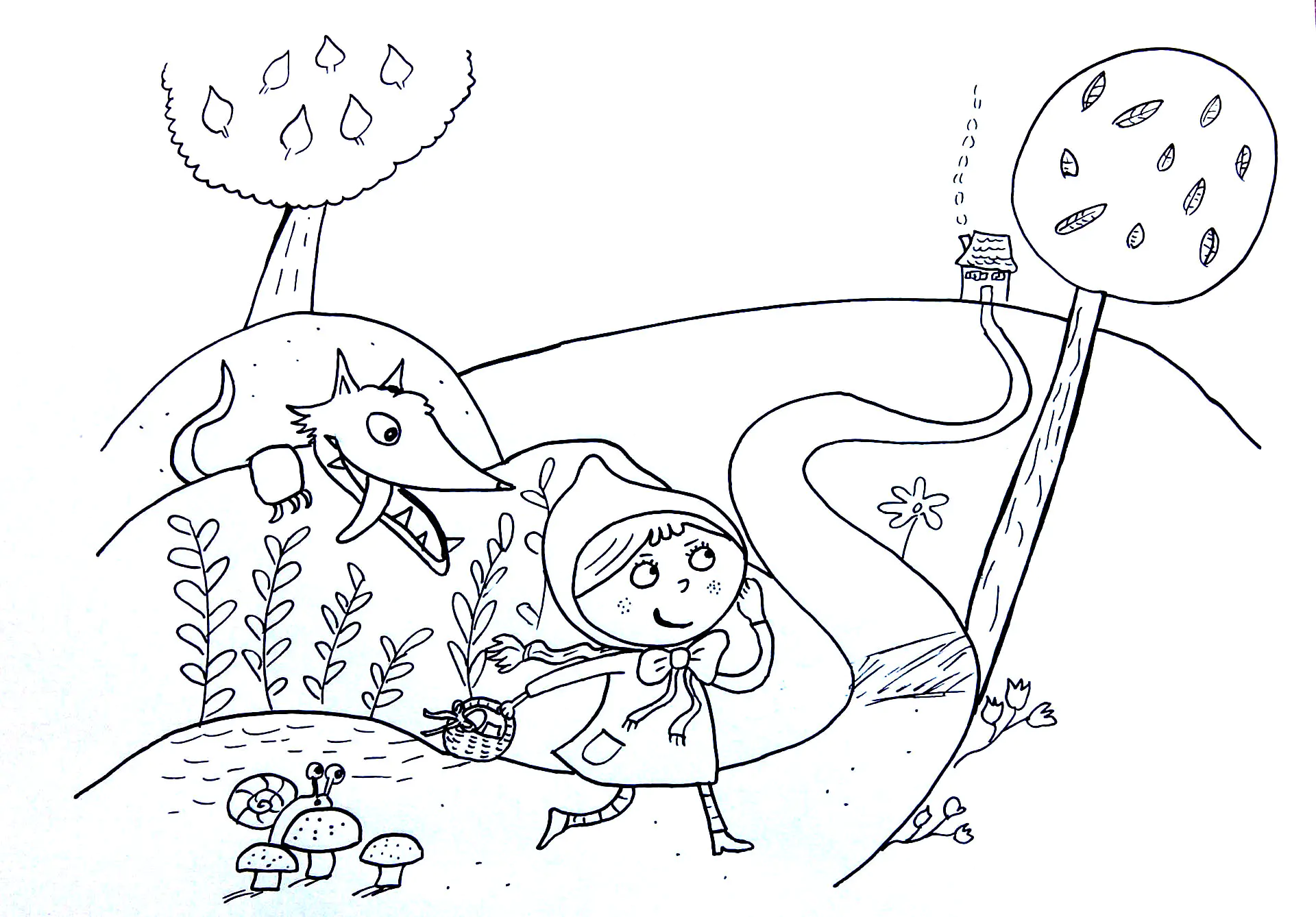 Rotkäppchen (sehr leicht) (Ausmalbild von Märchen zum Ausdrucken und Ausmalen für Kinder)