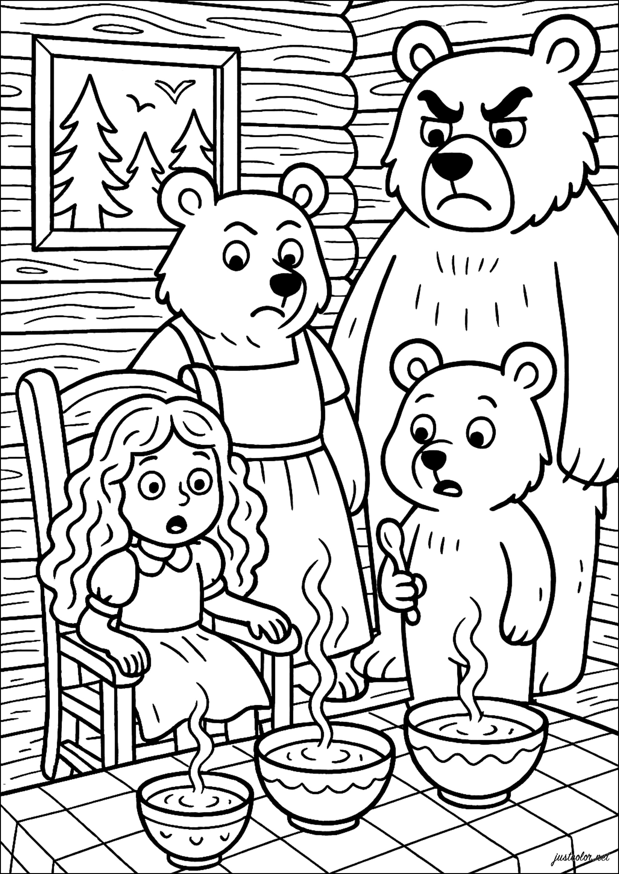 Goldlöckchen und die drei Bären – Die Entdeckung der Schüsseln (Ausmalbild von Märchen zum Ausdrucken und Ausmalen für Kinder)
