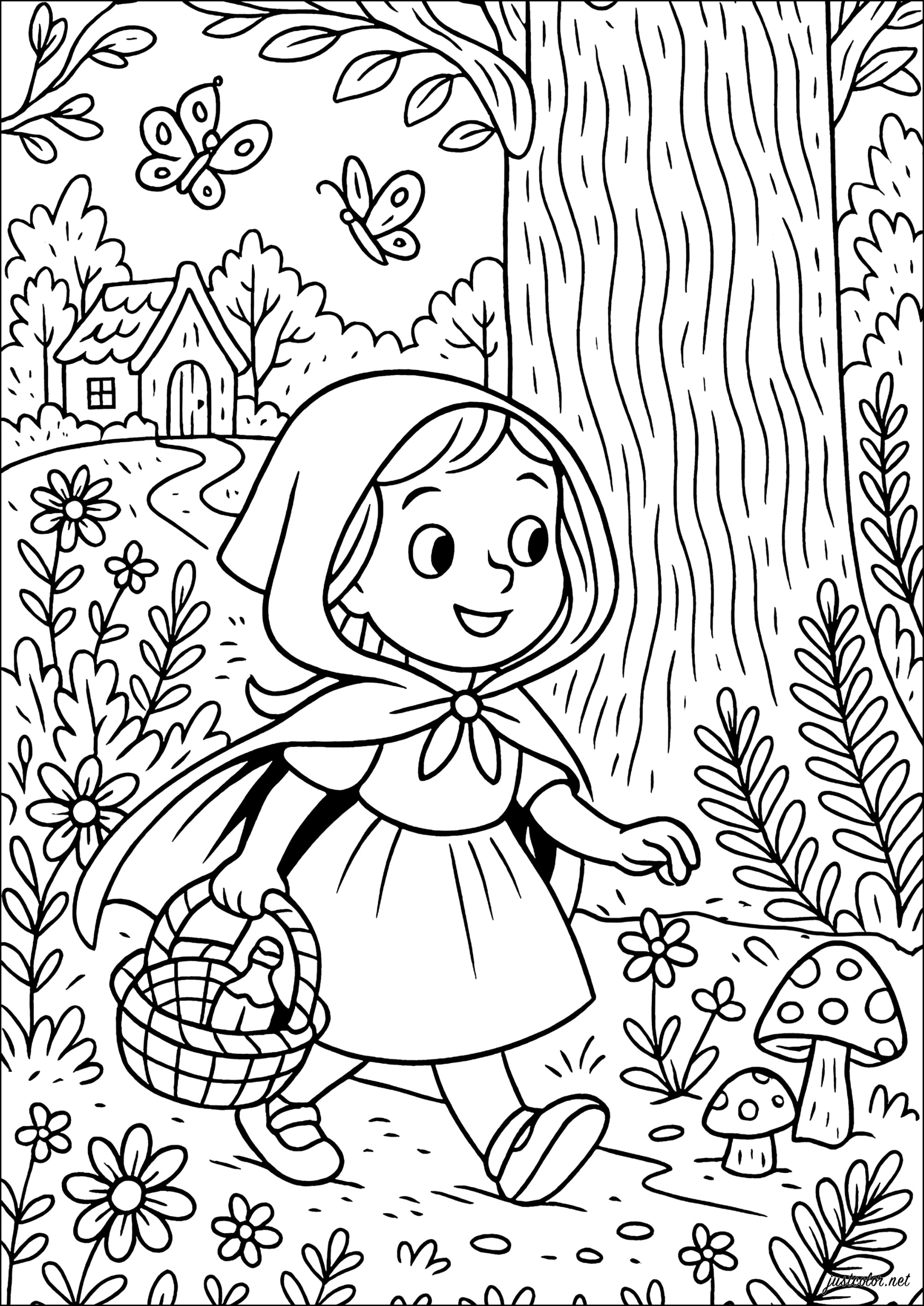 Rotkäppchen auf dem Weg zum Haus seiner Großmutter (Ausmalbild von Märchen zum Ausdrucken und Ausmalen für Kinder)