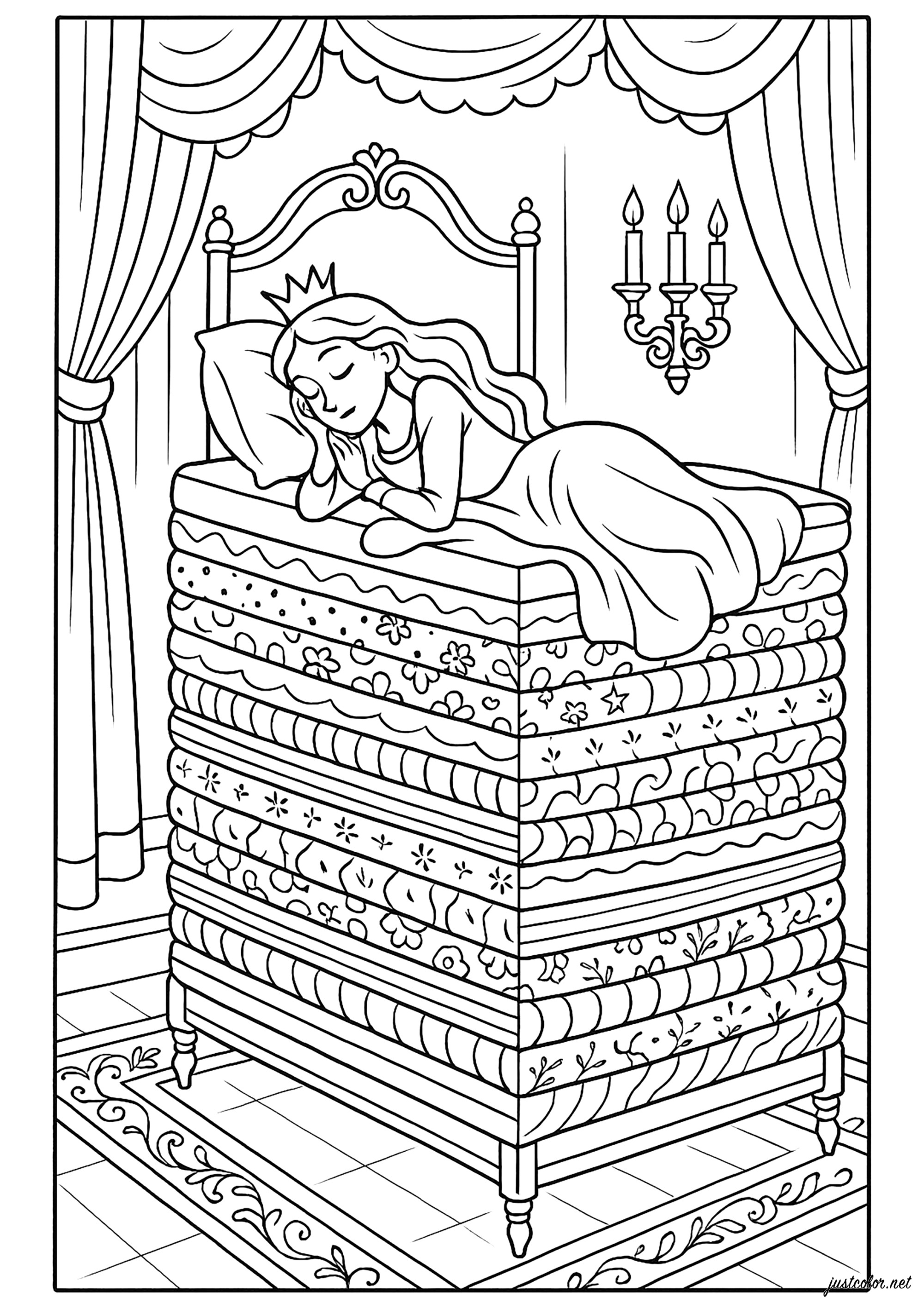Die Prinzessin auf der Erbse (Ausmalbild von Märchen zum Ausdrucken und Ausmalen für Kinder)