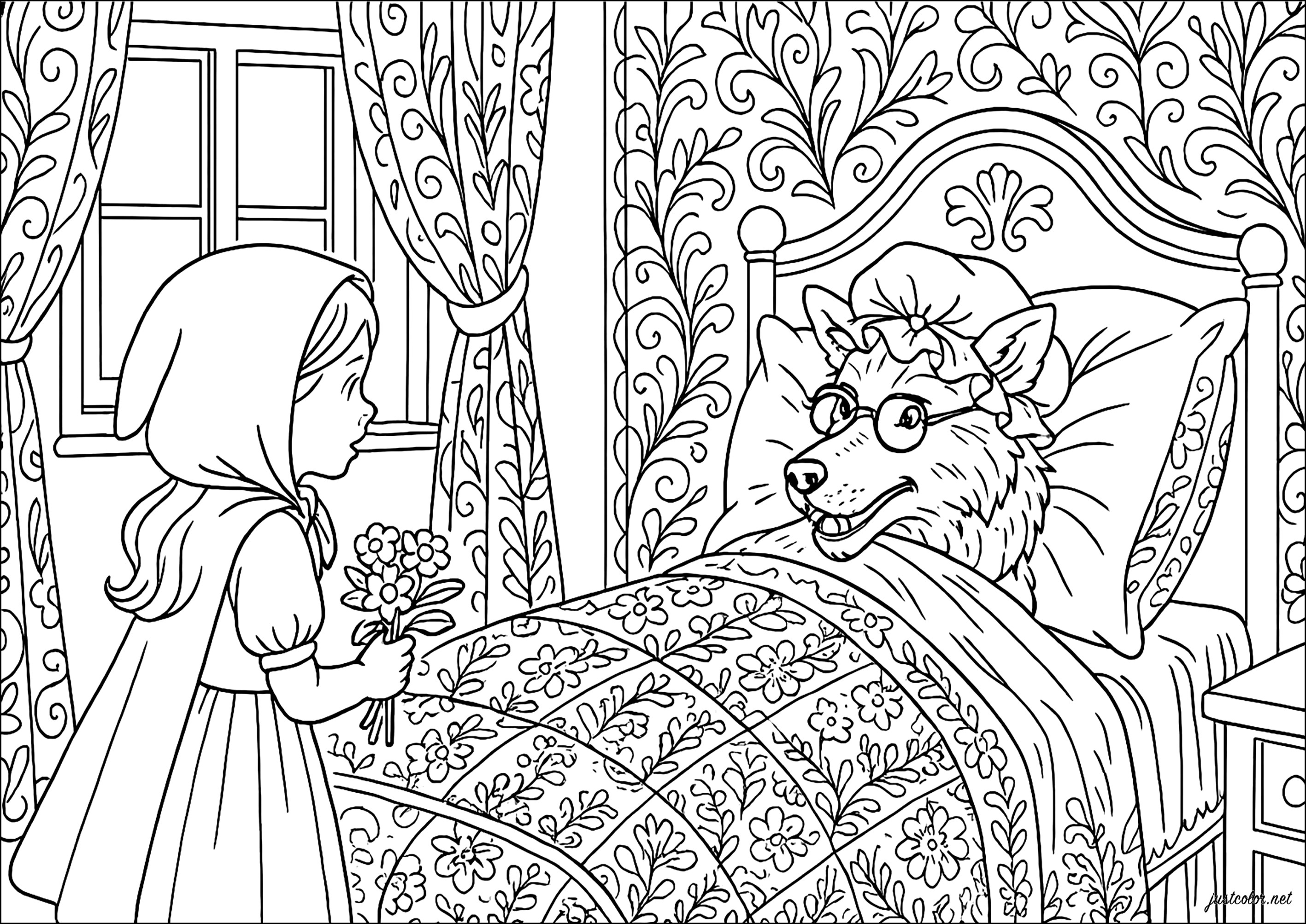 Begegnung zwischen Rotkäppchen und dem Wolf (Ausmalbild von Märchen zum Ausdrucken und Ausmalen für Kinder)