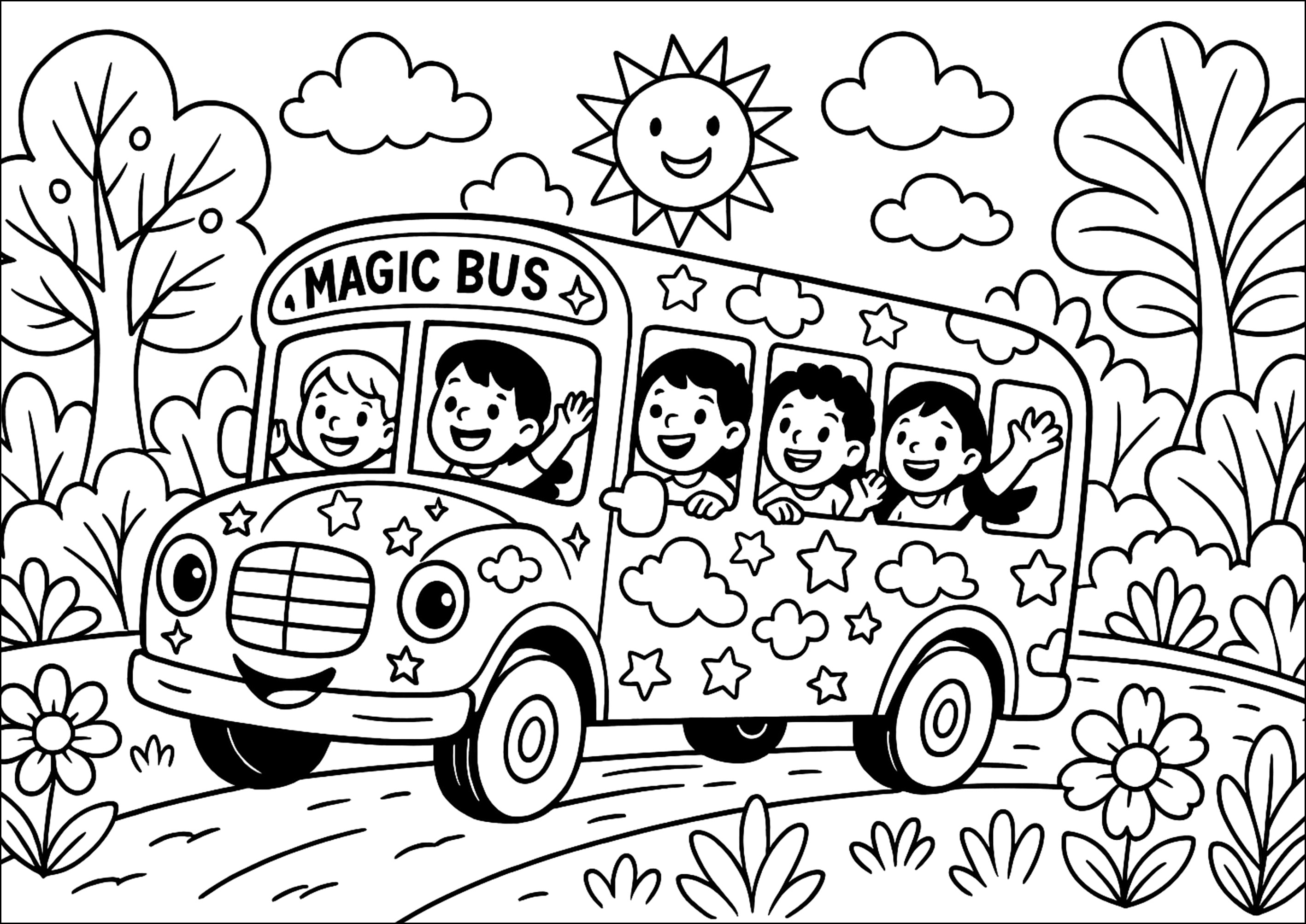 Das Abenteuer des Magischen Busses (Ausmalbild von Magic School Bus zum Ausdrucken und Ausmalen für Kinder)