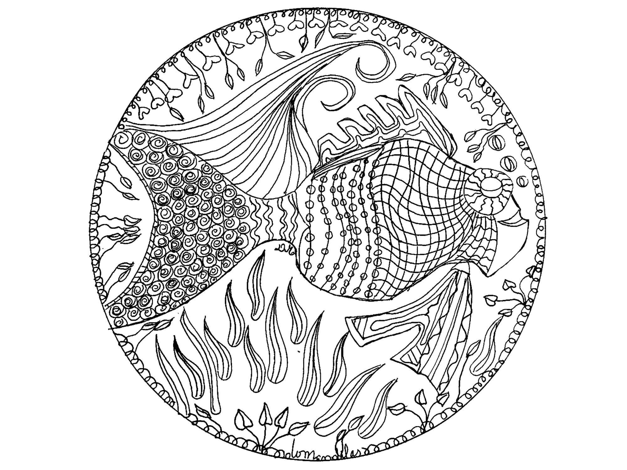 Zeichnung eines Fisches in einem Mandala (Ausmalbild zum Ausdrucken und Ausmalen für Kinder)